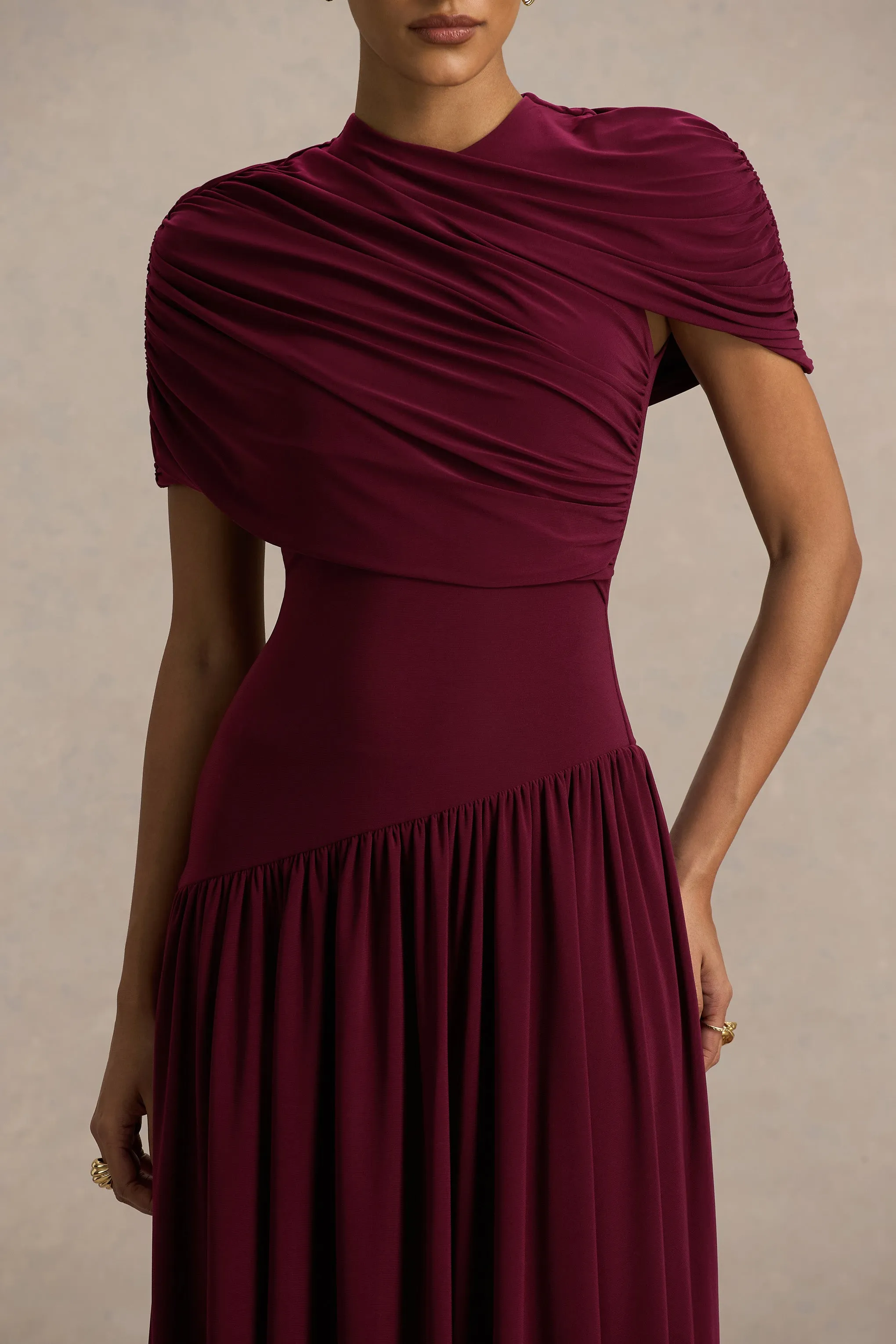 Ione | Burgundy Wrapped Midi Dress With Hanky Hem sold by Club L London product image thumbnail 4