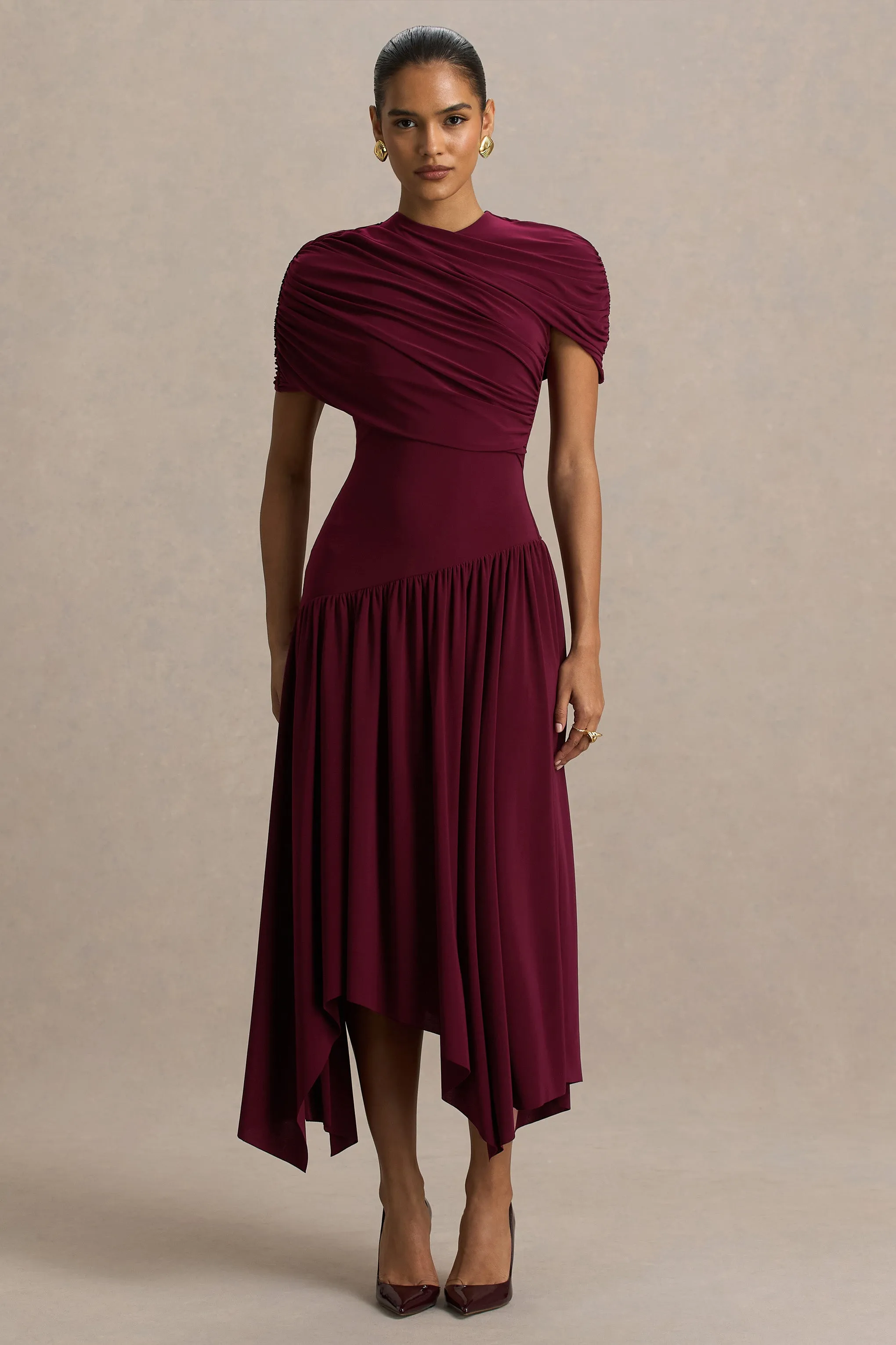Ione | Burgundy Wrapped Midi Dress With Hanky Hem sold by Club L London
