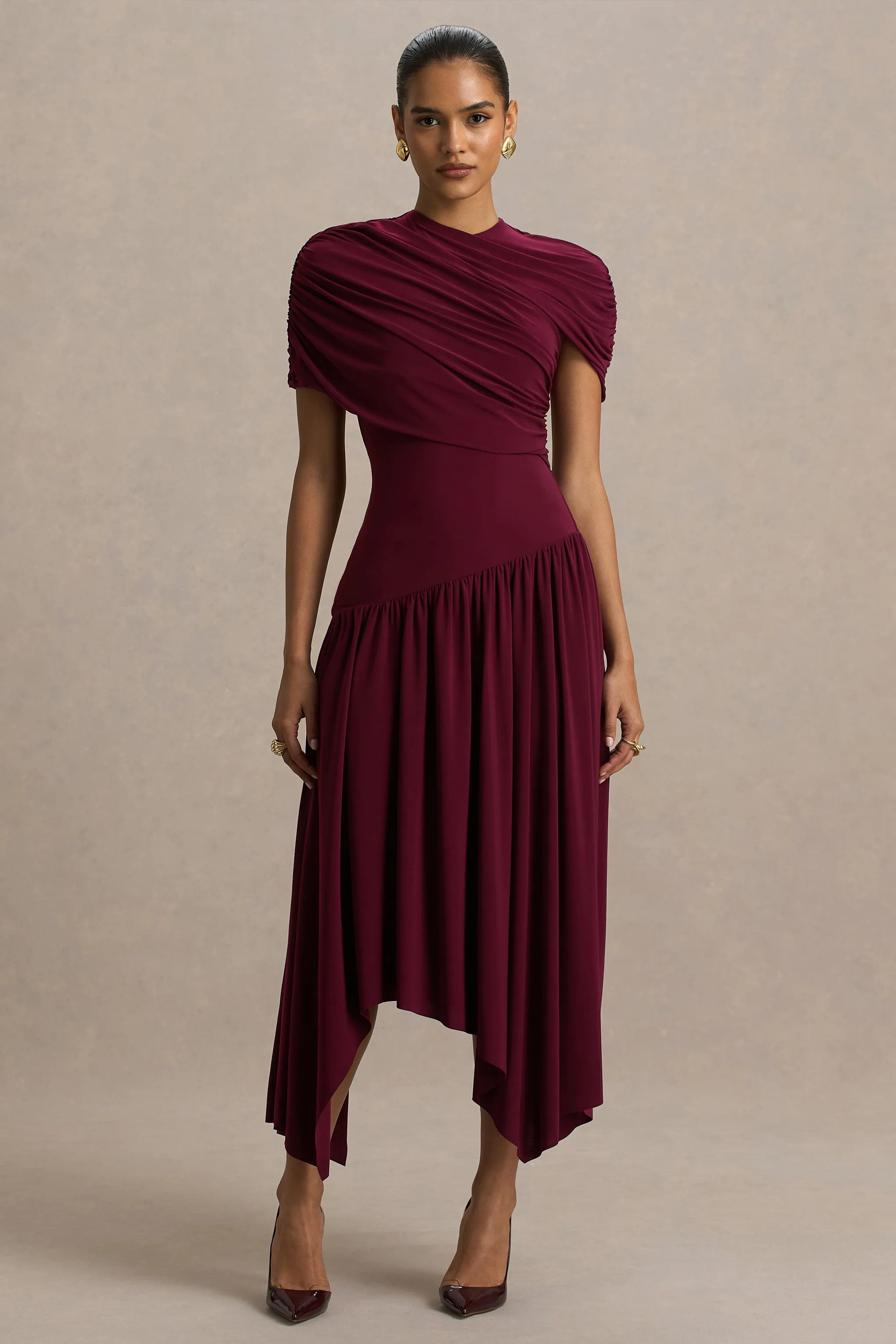 Ione | Burgundy Wrapped Midi Dress With Hanky Hem sold by Club L London product image thumbnail 5