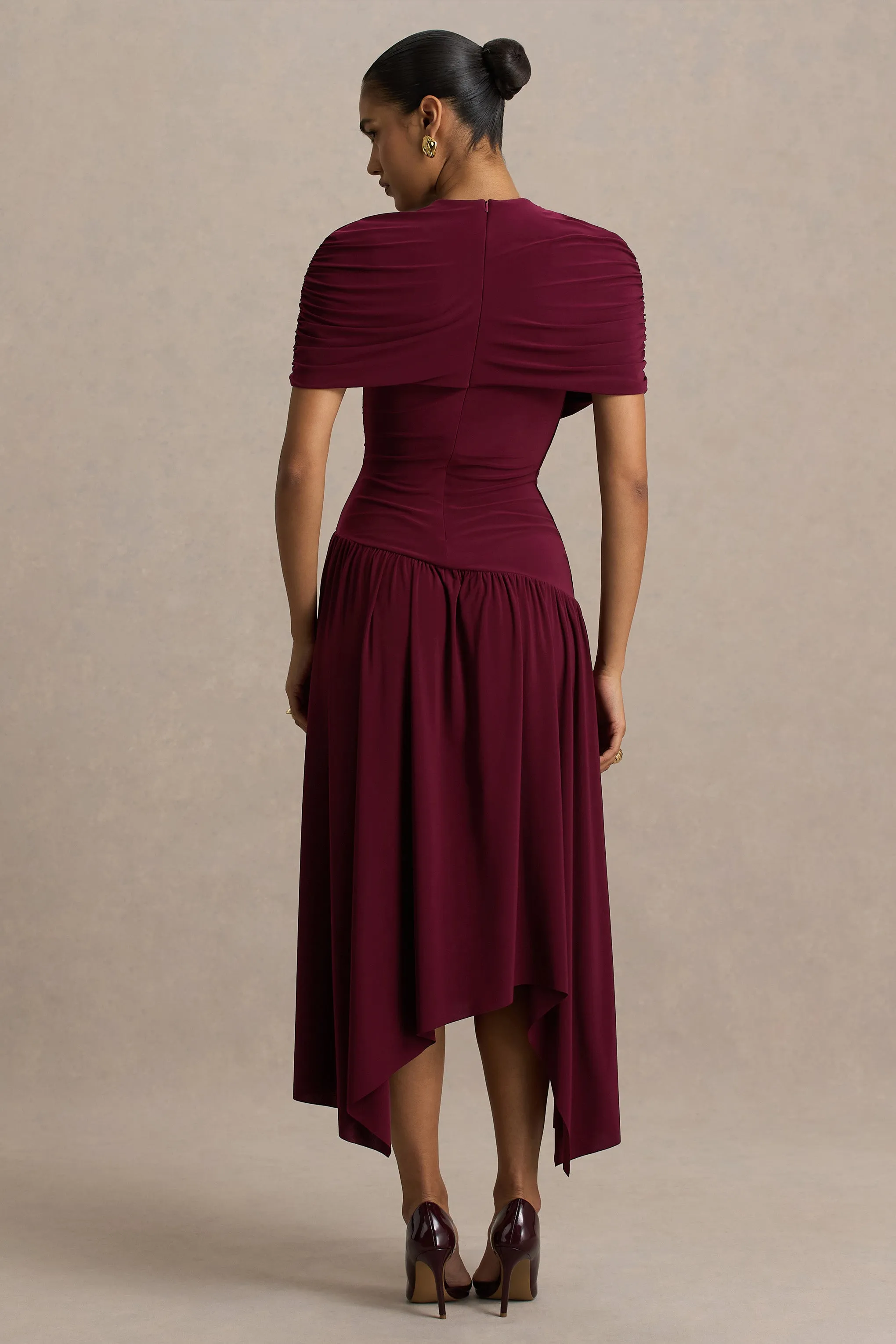 Ione | Burgundy Wrapped Midi Dress With Hanky Hem sold by Club L London product image thumbnail 2