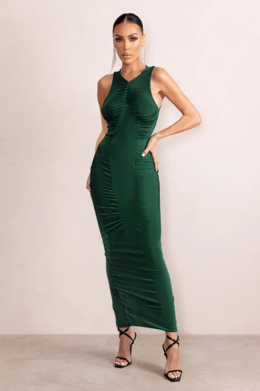 Bombshell | Emerald Green High Neck Ruched Maxi Dress sold by Club L London