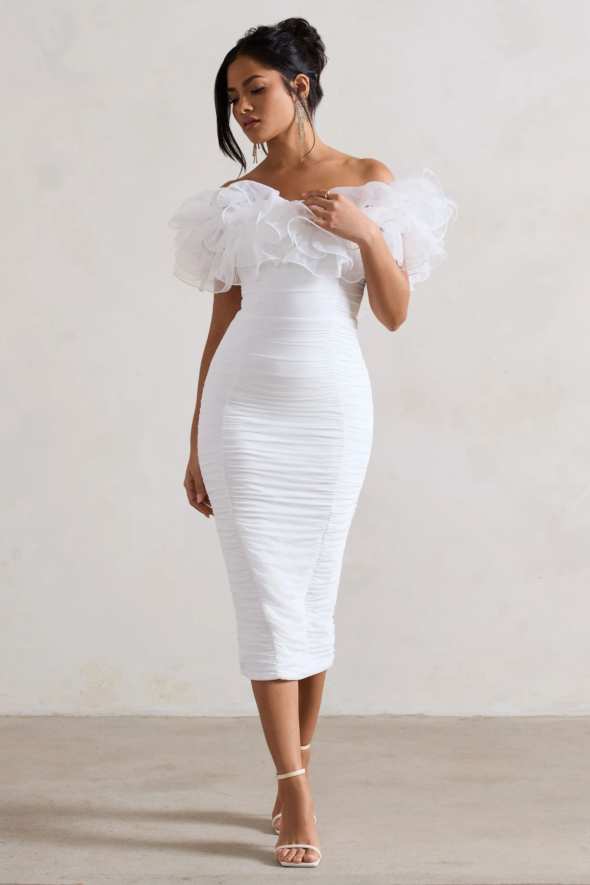 Ladylike | White Ruched Bardot Midi Dress With Organza Trim sold by Club L London product image thumbnail 5
