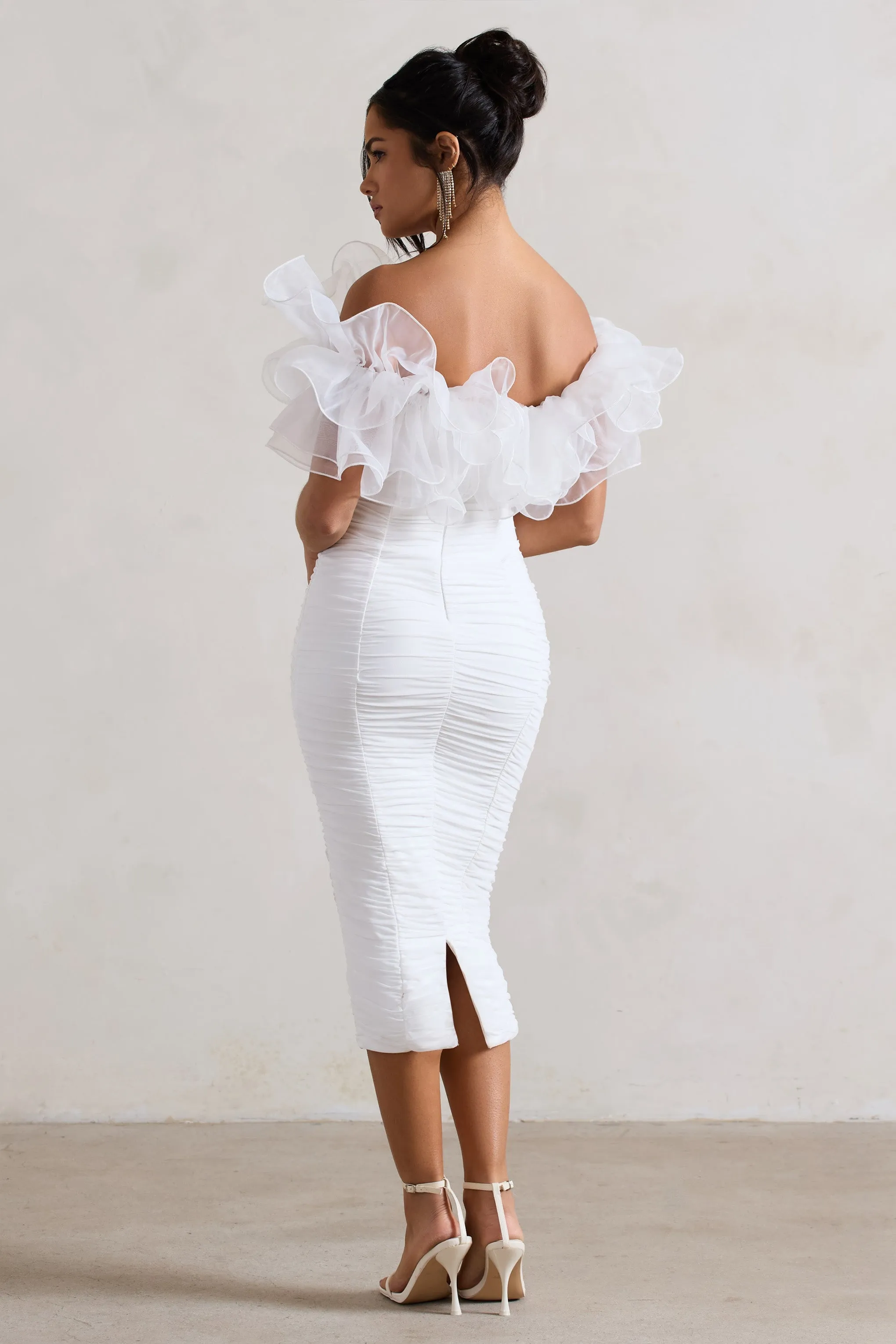 Ladylike | White Ruched Bardot Midi Dress With Organza Trim sold by Club L London product image thumbnail 2