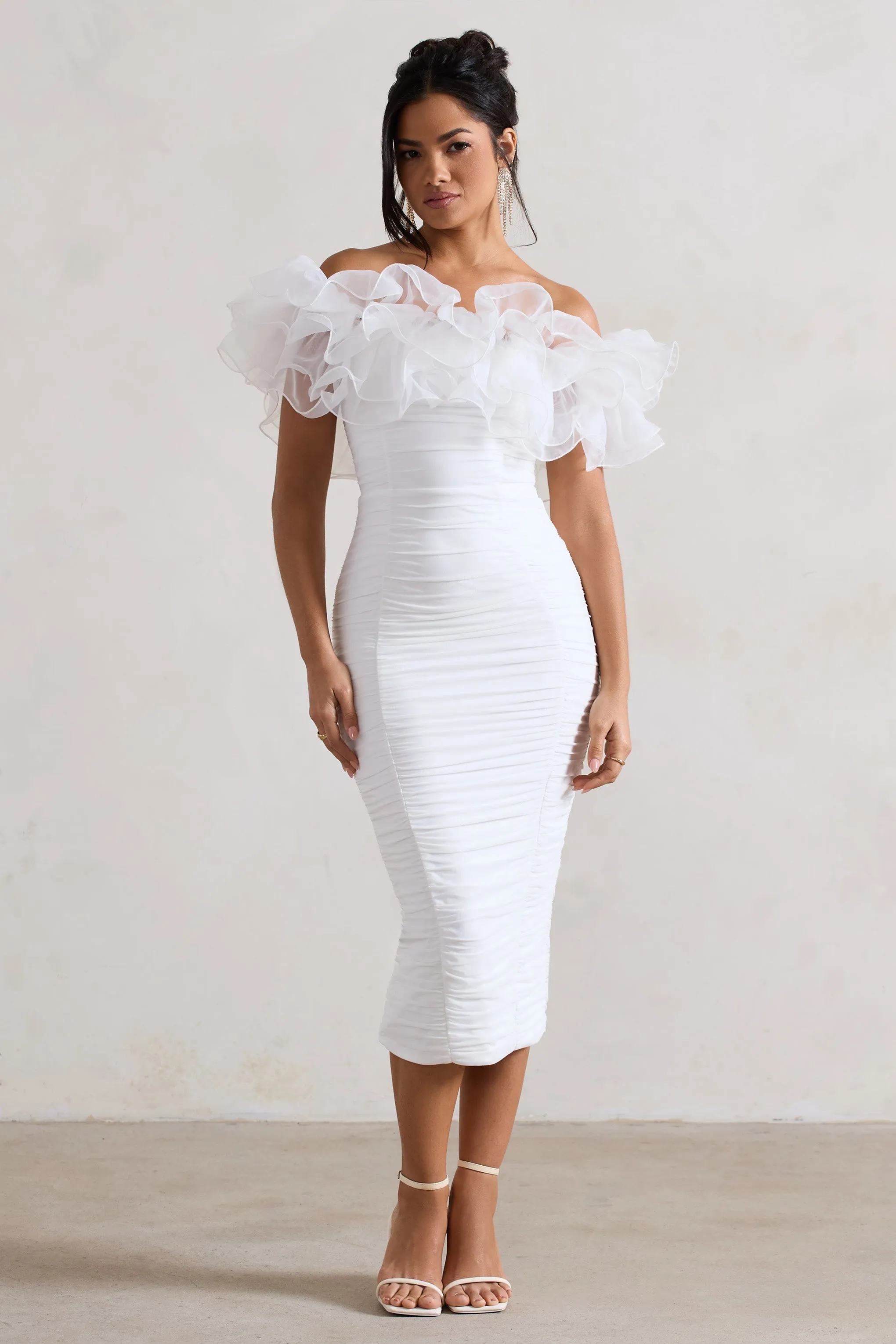 Ladylike | White Ruched Bardot Midi Dress With Organza Trim sold by Club L London