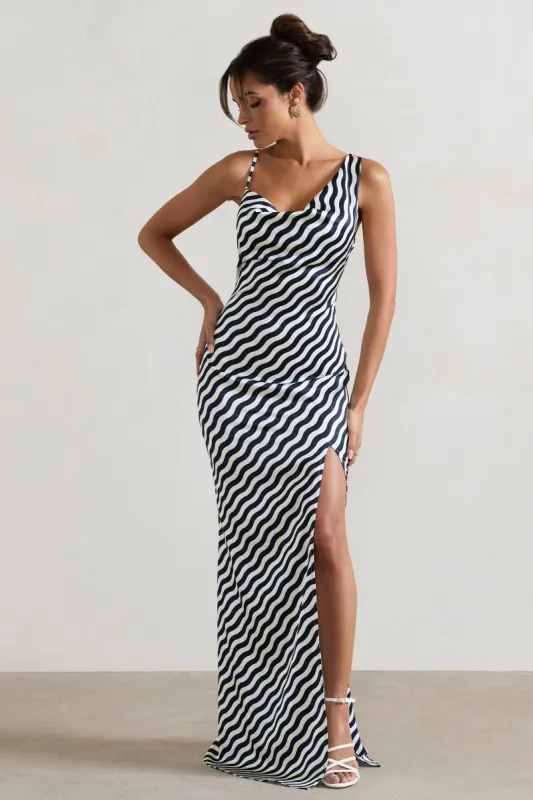 Magnetic | Navy Wave Print Cowl-Neck Split Maxi Dress sold by Club L London