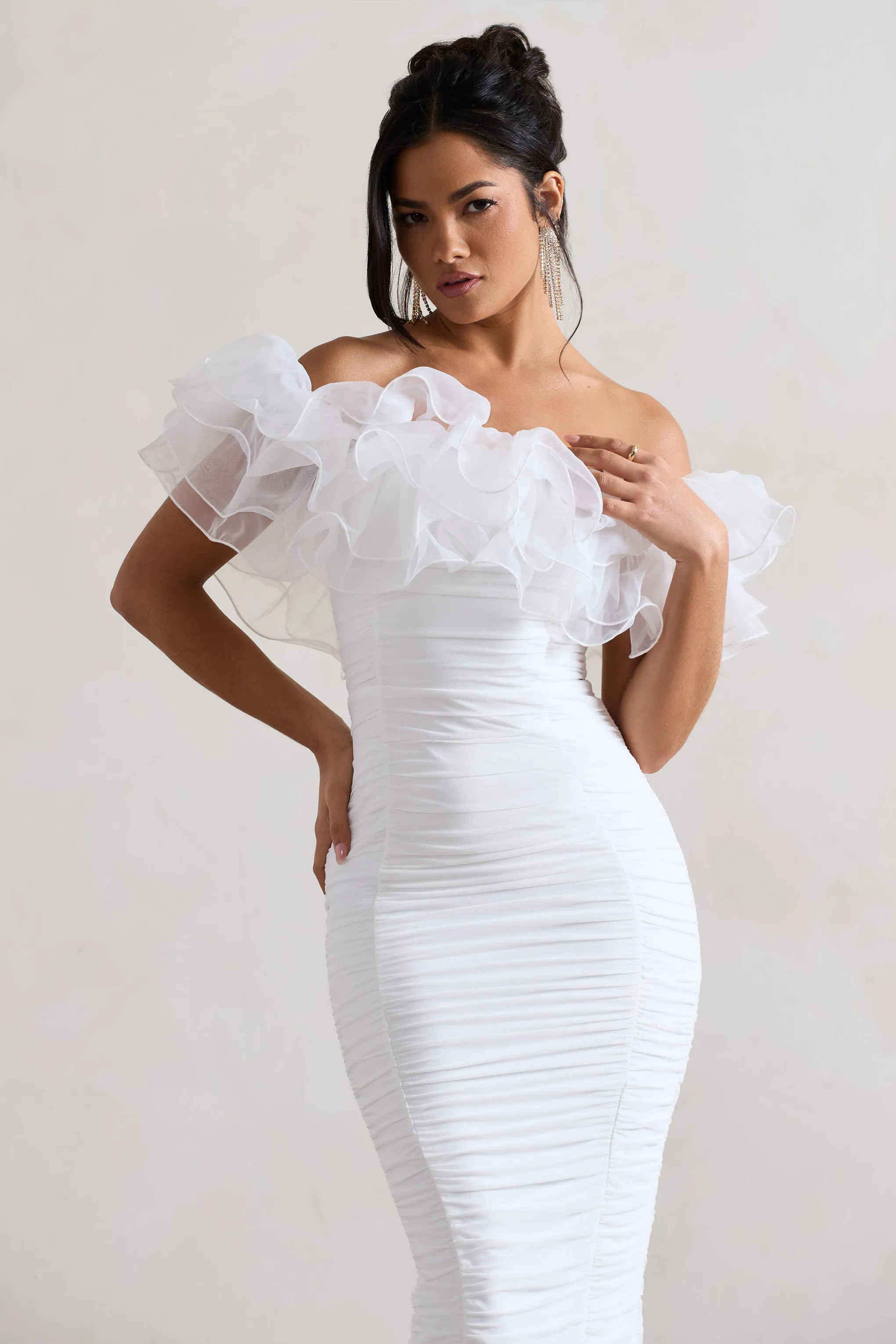 Ladylike | White Ruched Bardot Midi Dress With Organza Trim sold by Club L London product image thumbnail 3