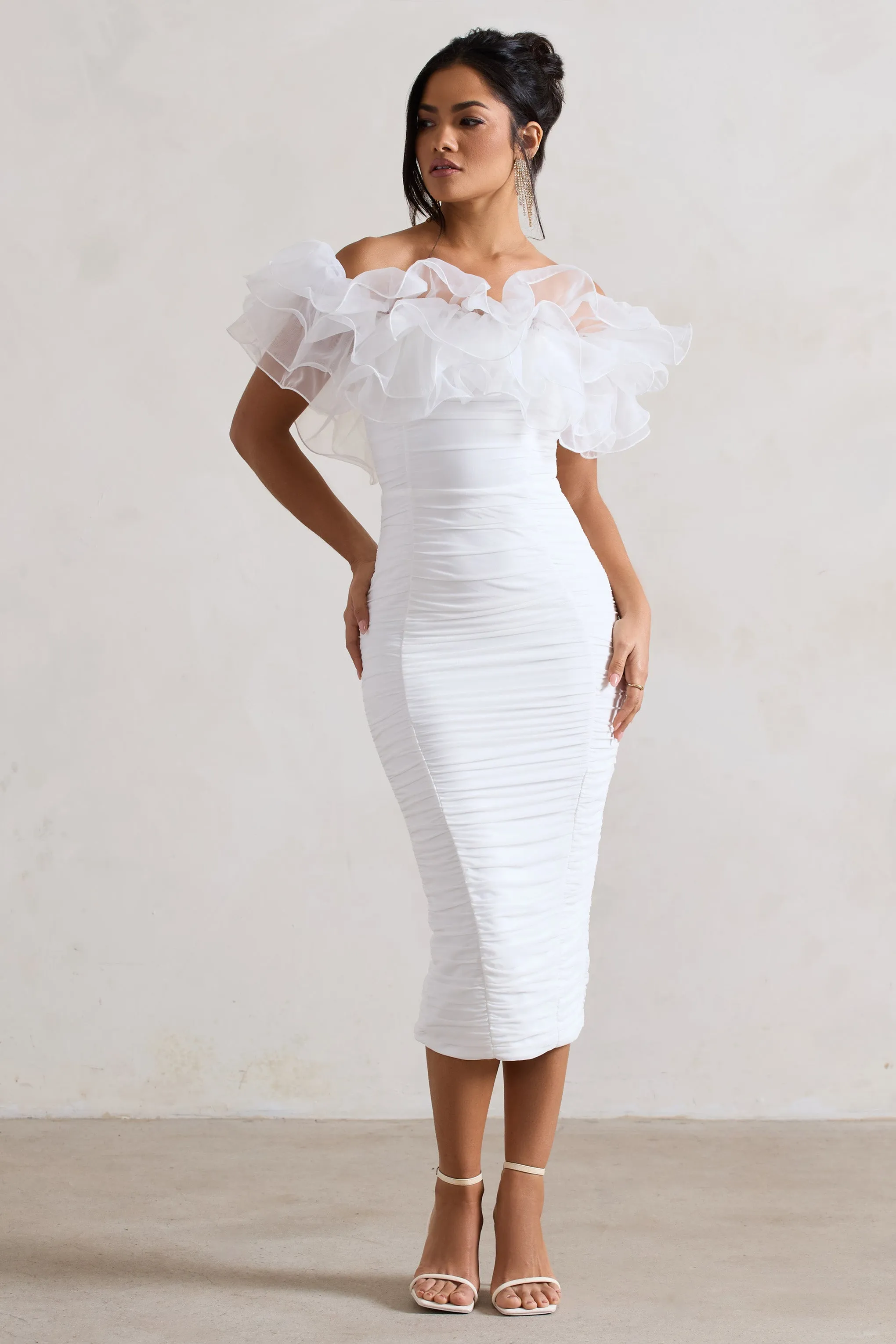 Ladylike | White Ruched Bardot Midi Dress With Organza Trim sold by Club L London product image thumbnail 4