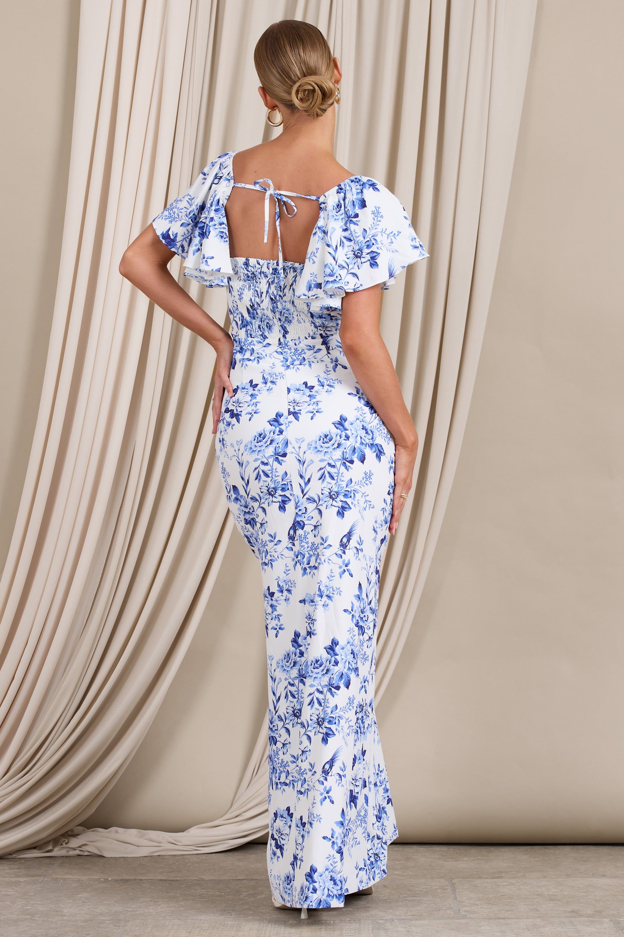 Signorina | Blue Floral Buttoned Maxi Dress With Flounced Short Sleeves sold by Club L London product image thumbnail 2