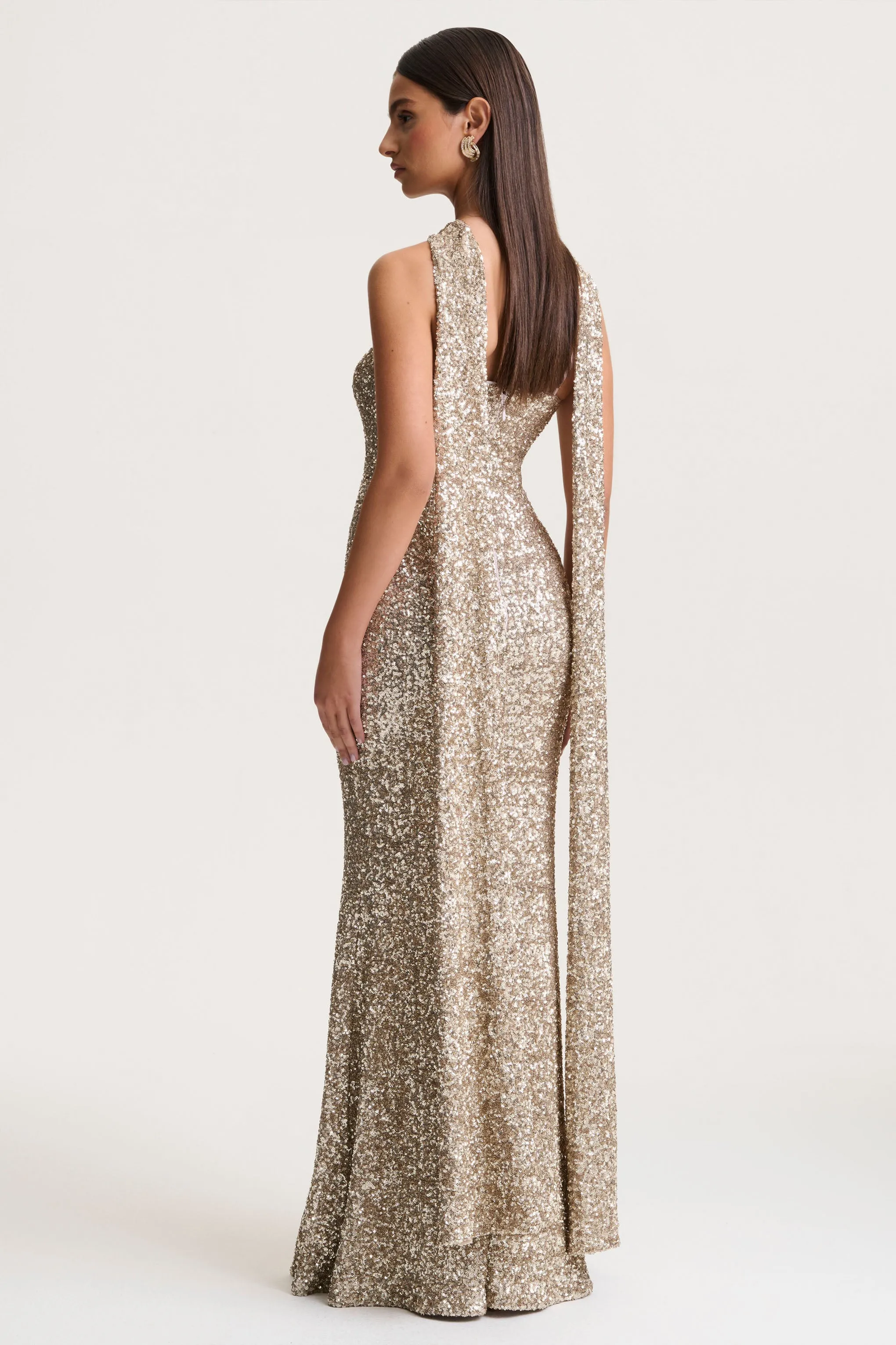 Renelle | Gold Sequin Halter-Neck Maxi Dress sold by Club L London product image thumbnail 2