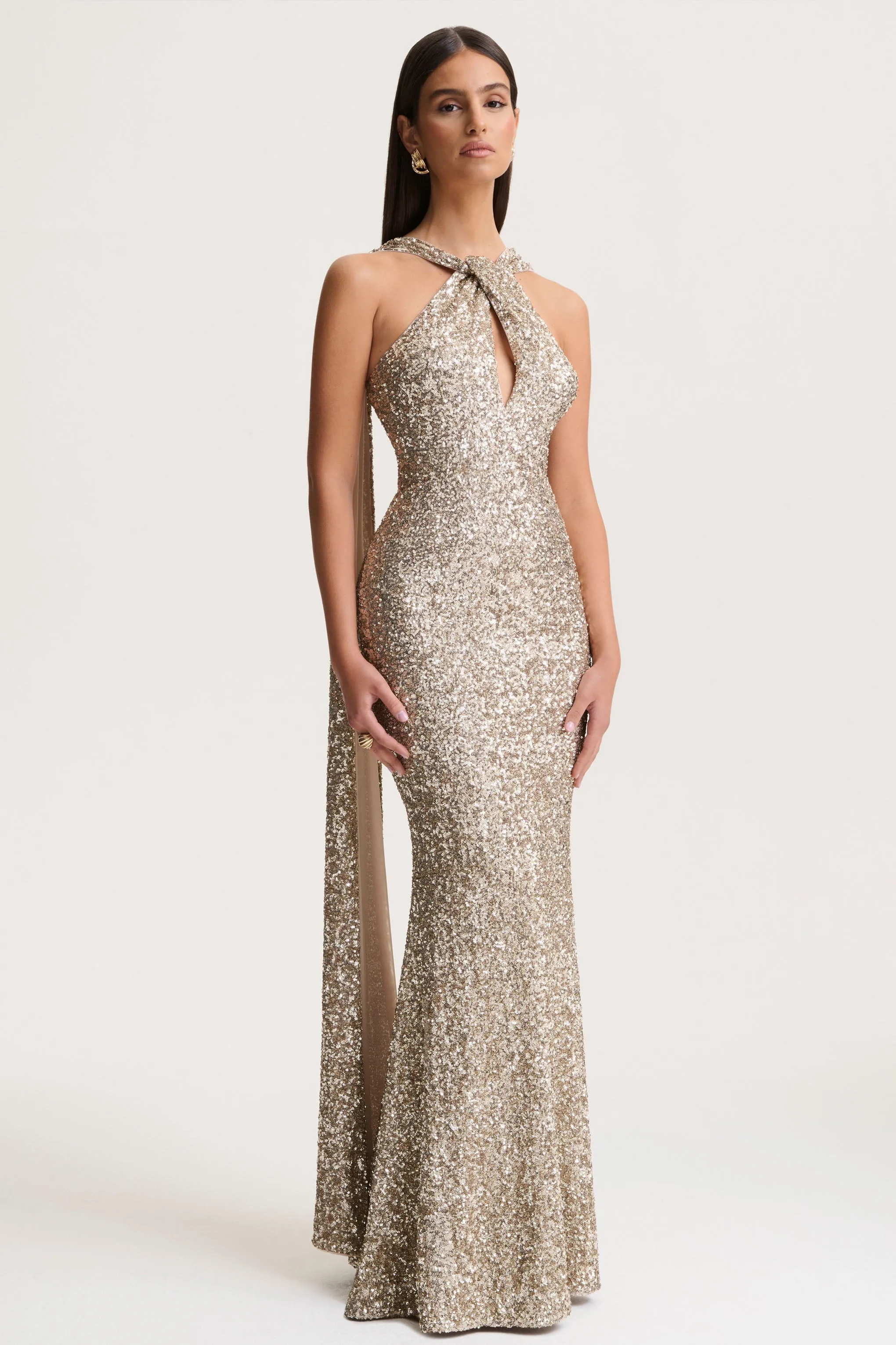 Renelle | Gold Sequin Halter-Neck Maxi Dress sold by Club L London product image thumbnail 3
