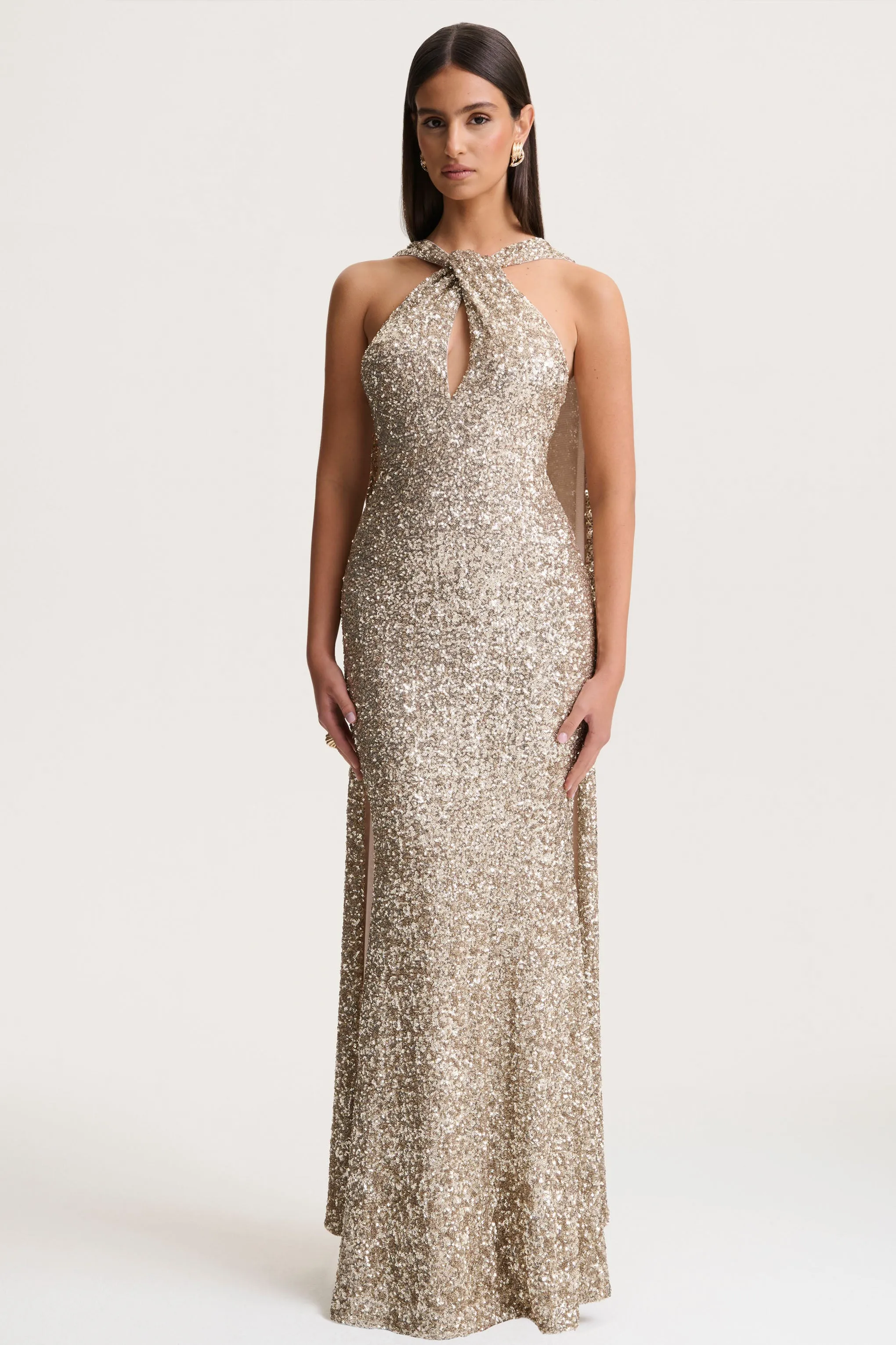 Renelle | Gold Sequin Halter-Neck Maxi Dress sold by Club L London product image thumbnail 4