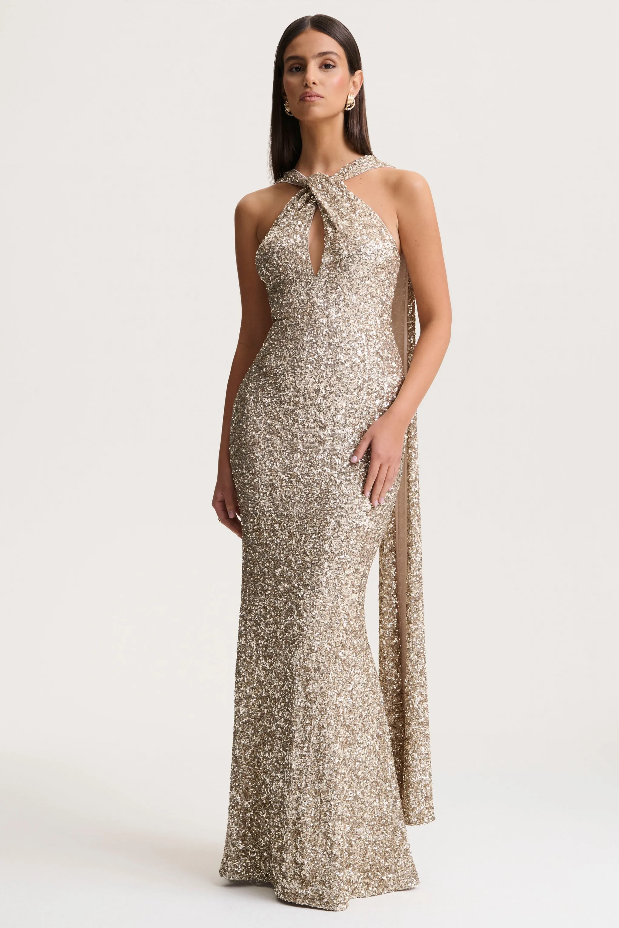 Renelle | Gold Sequin Halter-Neck Maxi Dress sold by Club L London