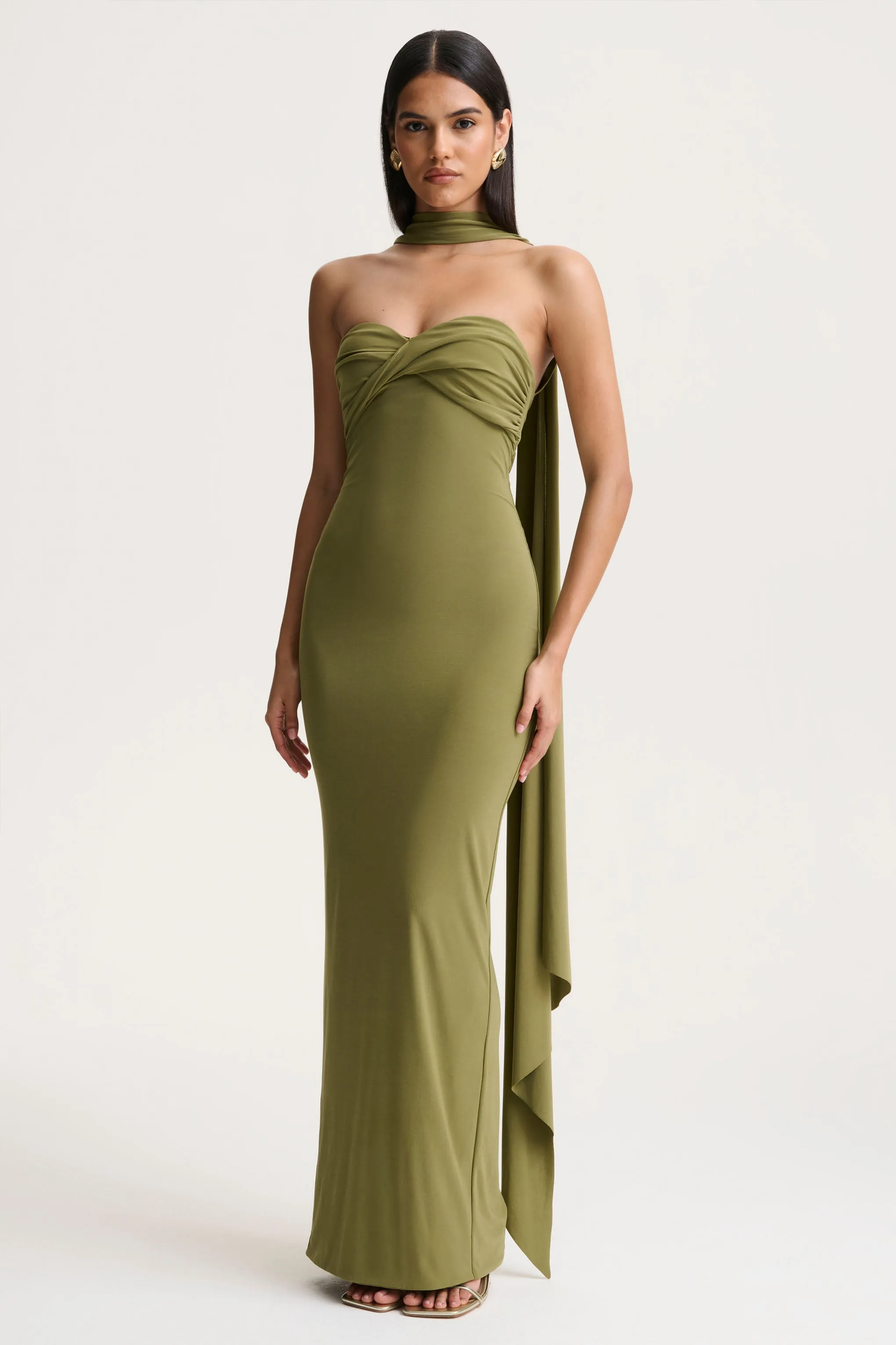Sheila | Olive Bandeau Maxi Dress With Scarf Detail sold by Club L London product image thumbnail 3