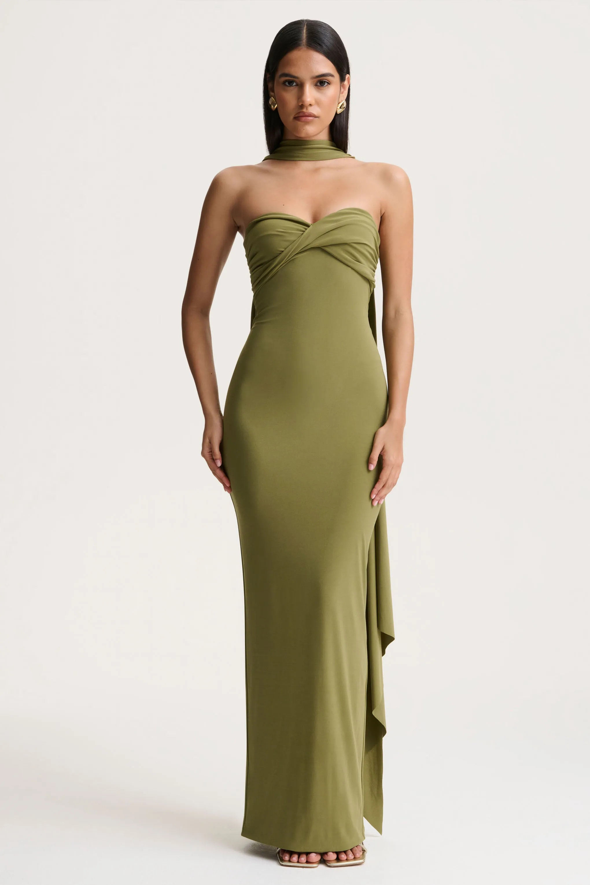 Sheila | Olive Bandeau Maxi Dress With Scarf Detail sold by Club L London
