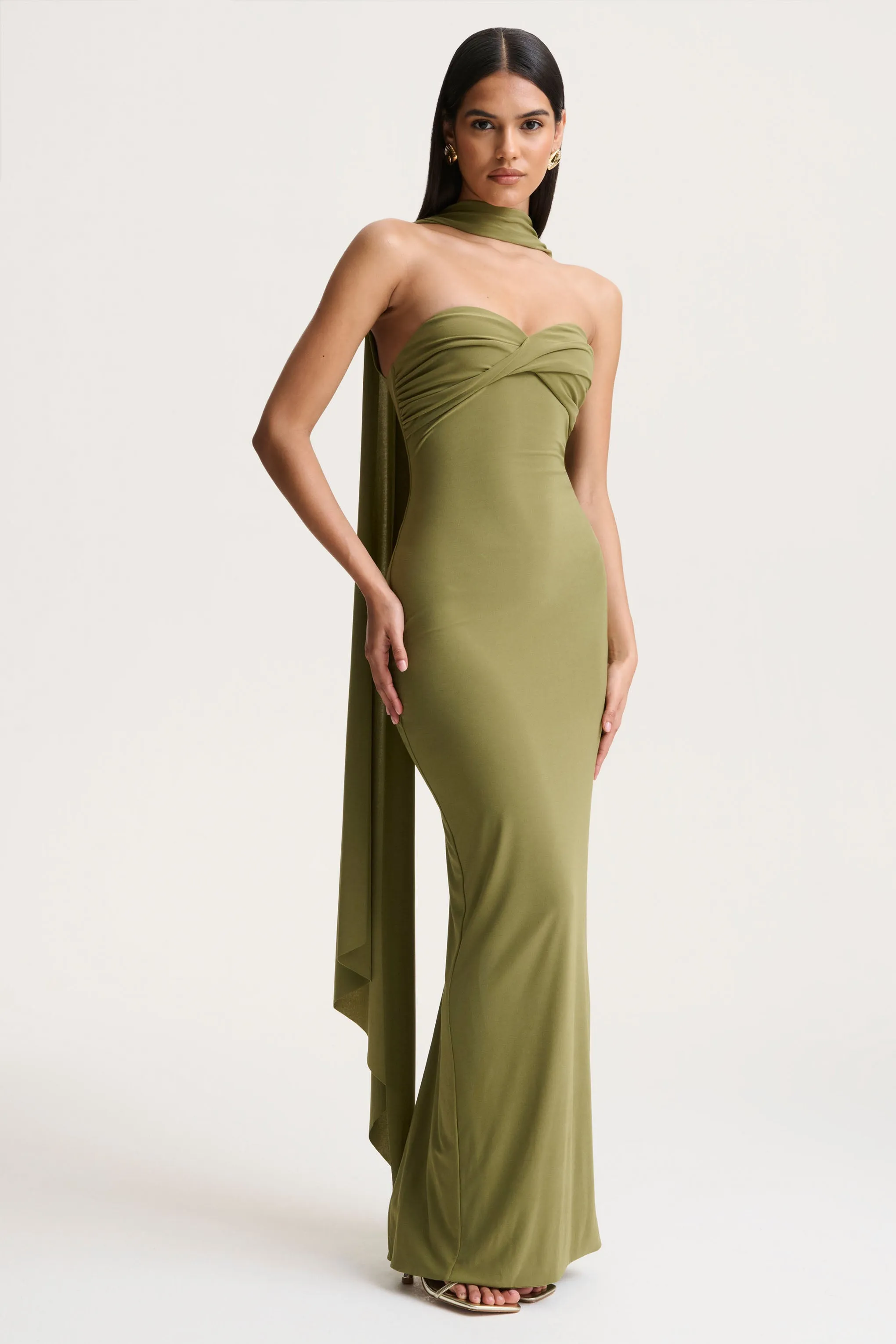 Sheila | Olive Bandeau Maxi Dress With Scarf Detail sold by Club L London product image thumbnail 2