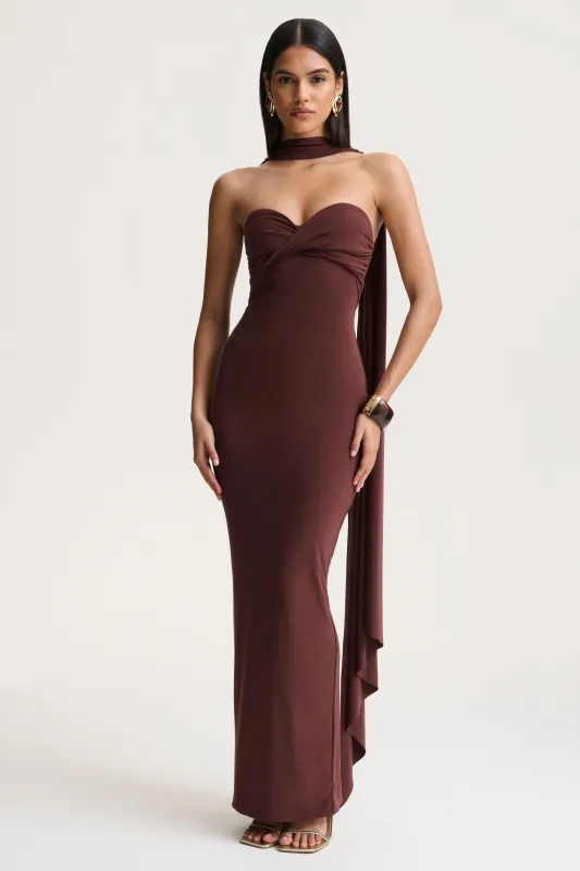 Sheila | Dark Brown Bandeau Maxi Dress With Scarf Detail sold by Club L London