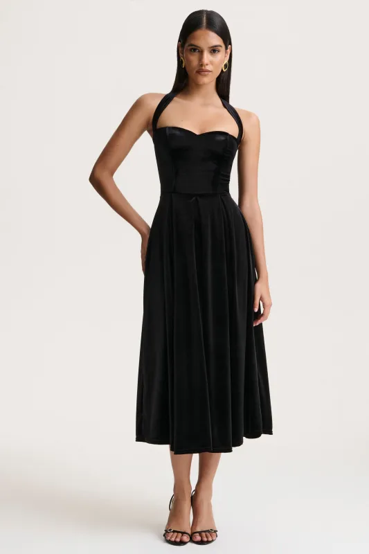 Esmeray | Black Velvet Sweetheart-Neck Midi Dress sold by Club L London