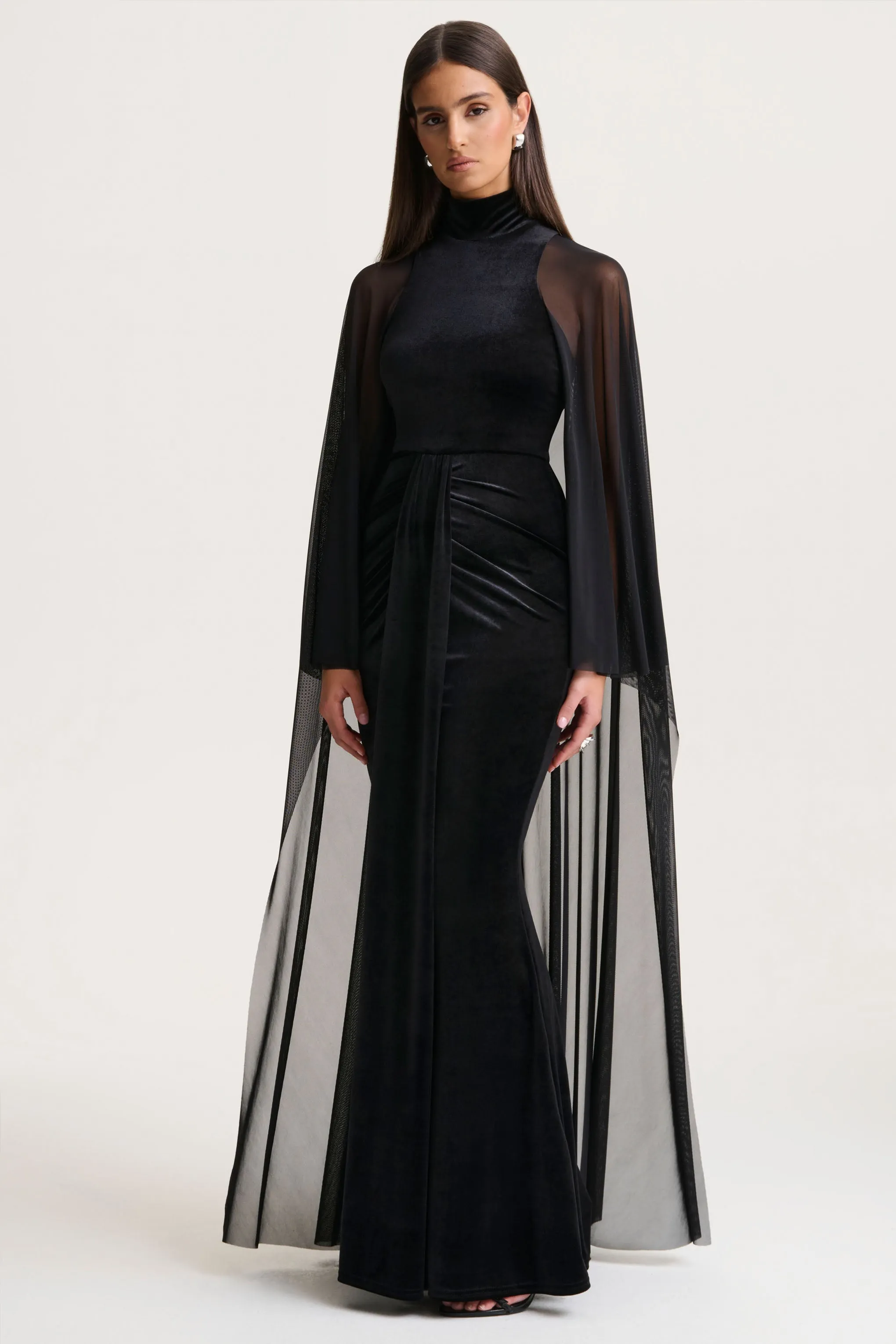 Adoring | Black Velvet High-Neck Maxi Dress With Cape sold by Club L London product image thumbnail 5