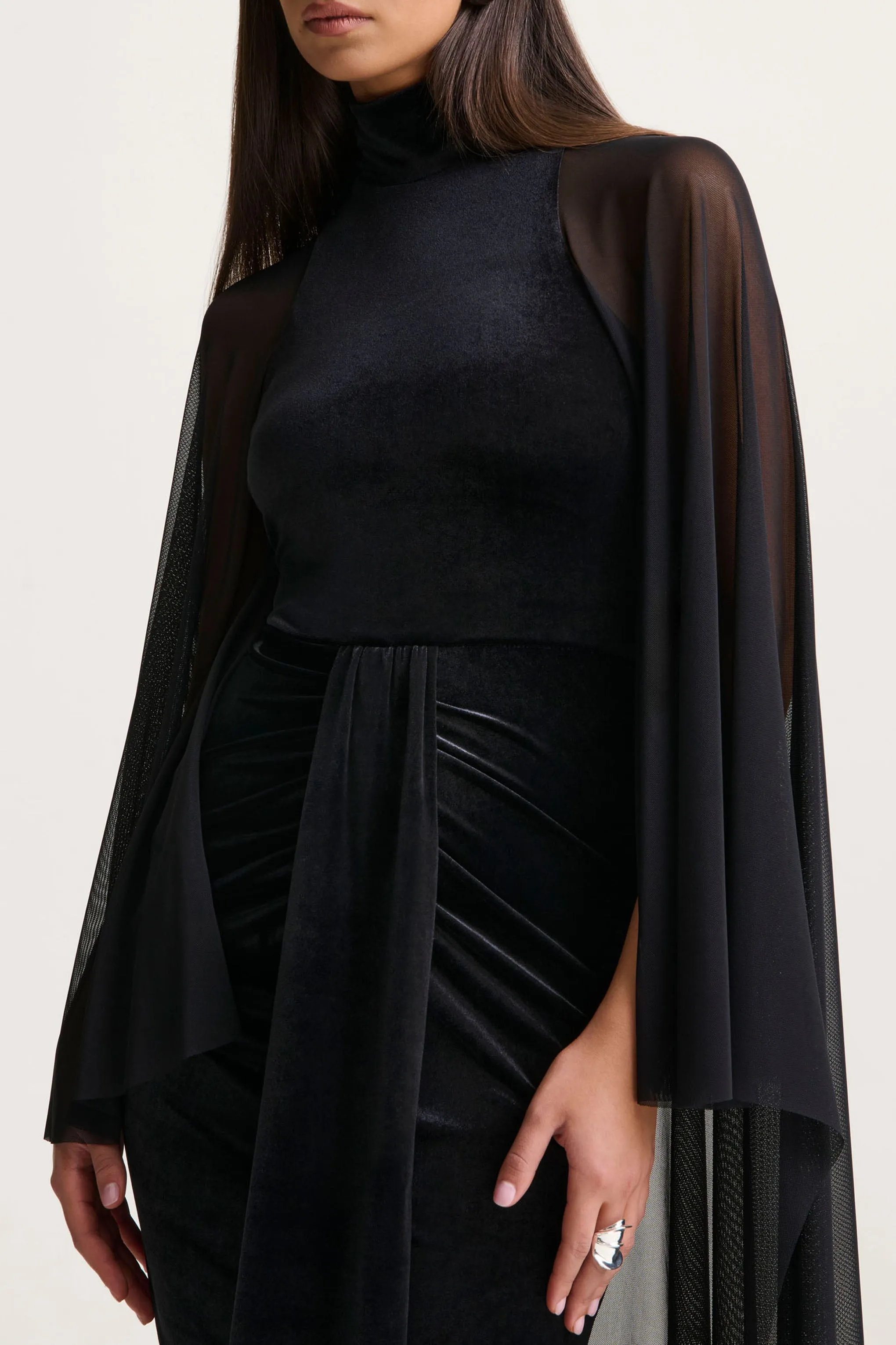 Adoring | Black Velvet High-Neck Maxi Dress With Cape sold by Club L London product image thumbnail 3