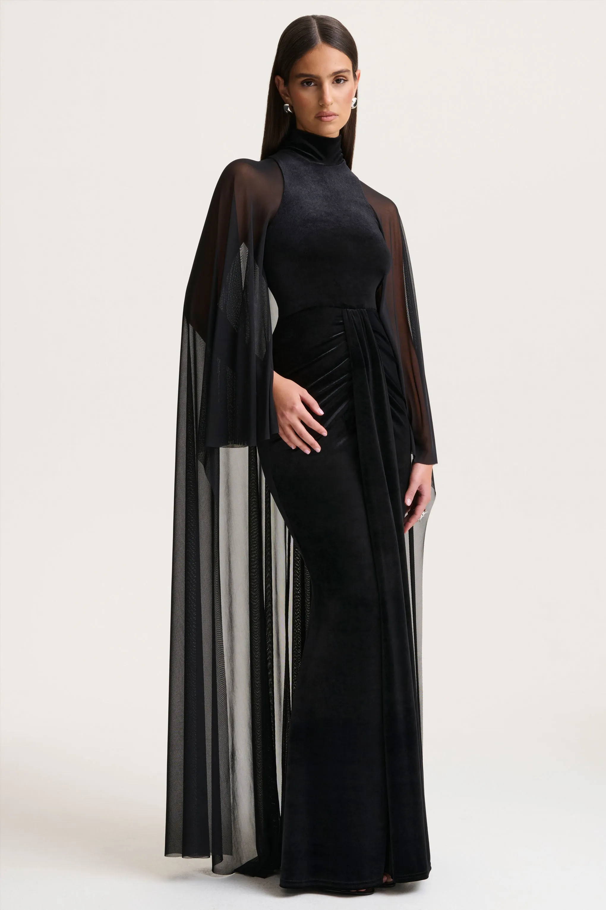 Adoring | Black Velvet High-Neck Maxi Dress With Cape sold by Club L London product image thumbnail 4