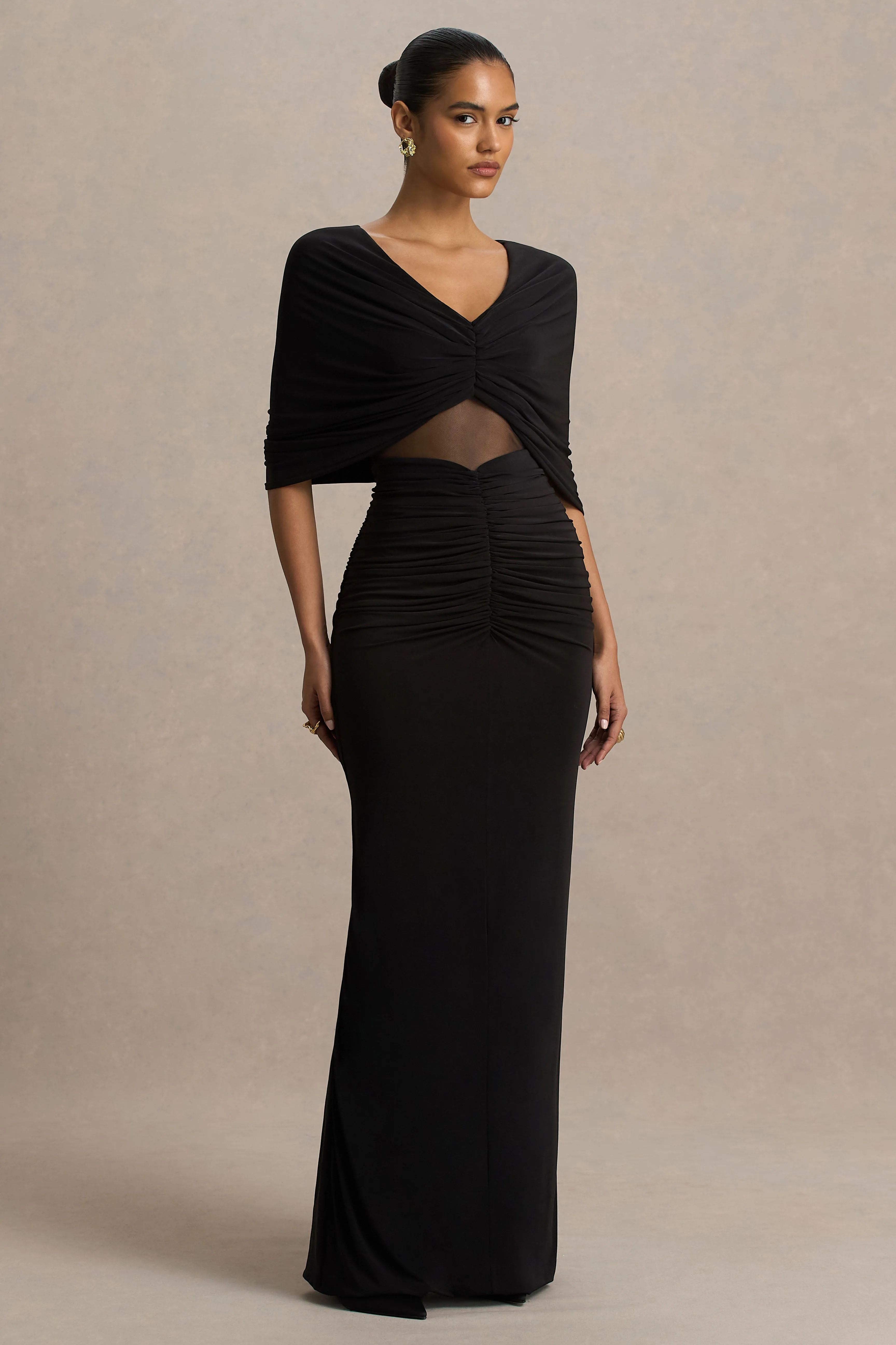 Zinnia | Black Cape-Sleeve Maxi Dress With Mesh Panel And Front-High Split sold by Club L London