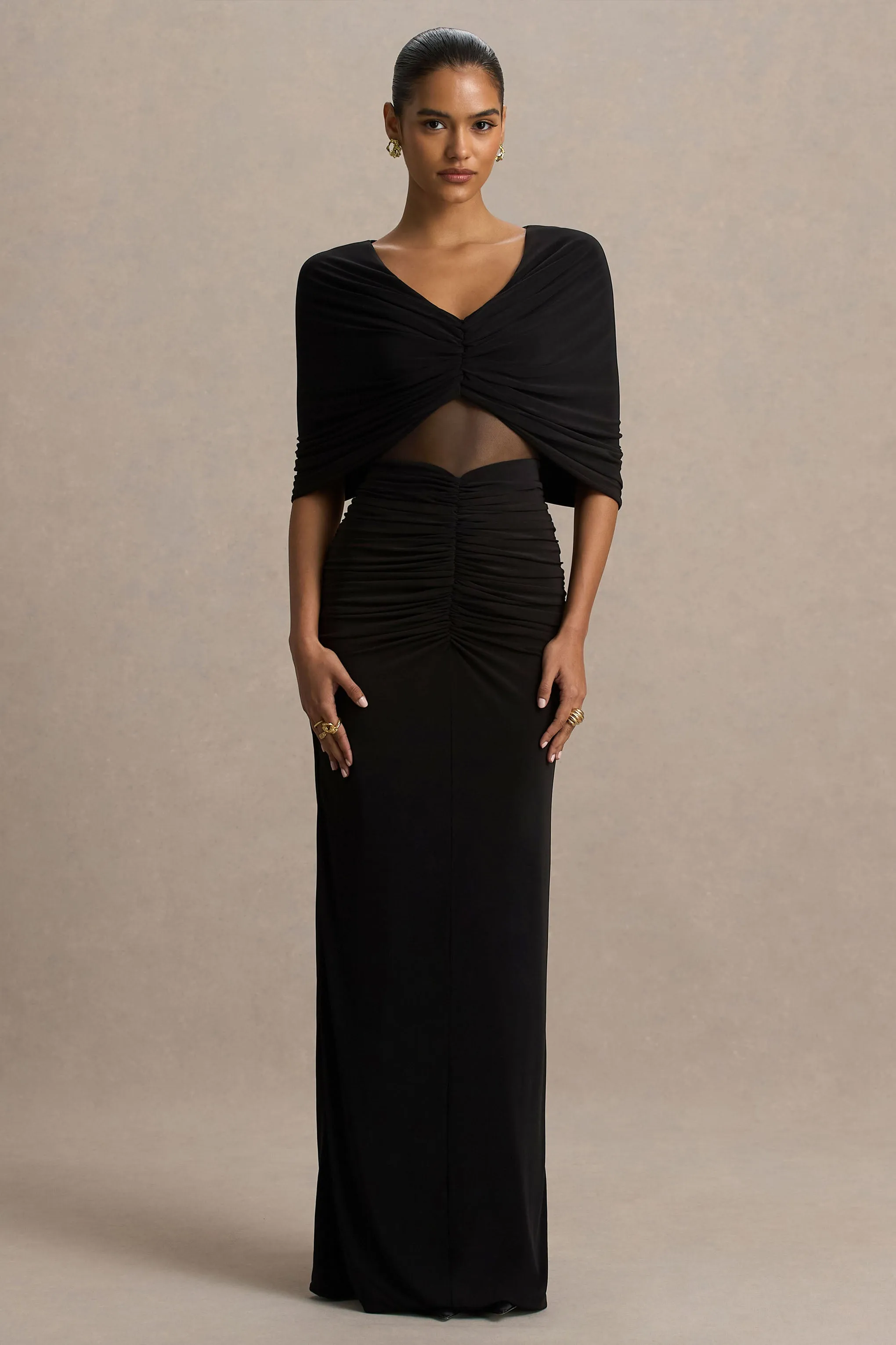 Zinnia | Black Cape-Sleeve Maxi Dress With Mesh Panel And Front-High Split sold by Club L London product image thumbnail 5