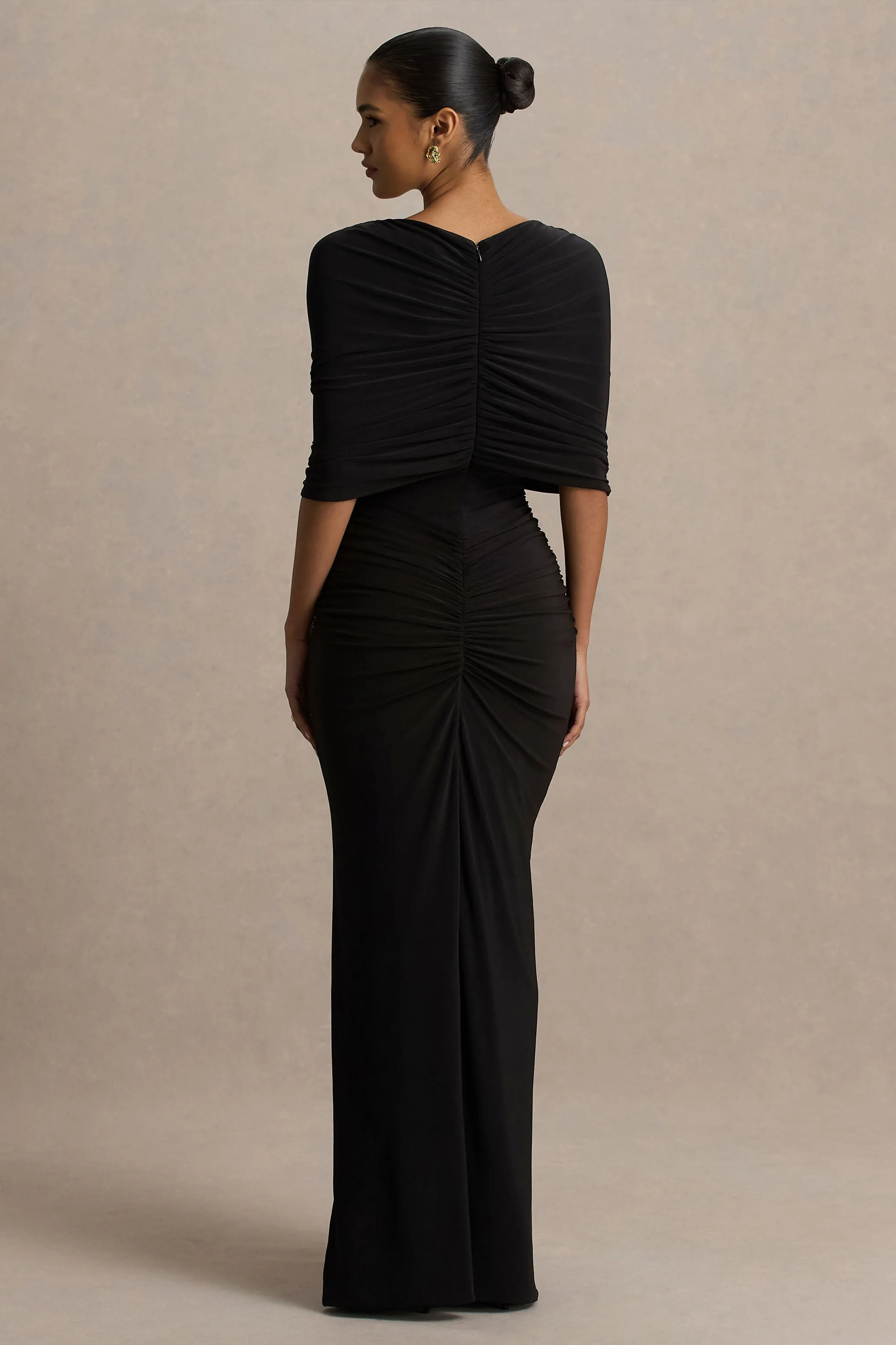 Zinnia | Black Cape-Sleeve Maxi Dress With Mesh Panel And Front-High Split sold by Club L London product image thumbnail 2