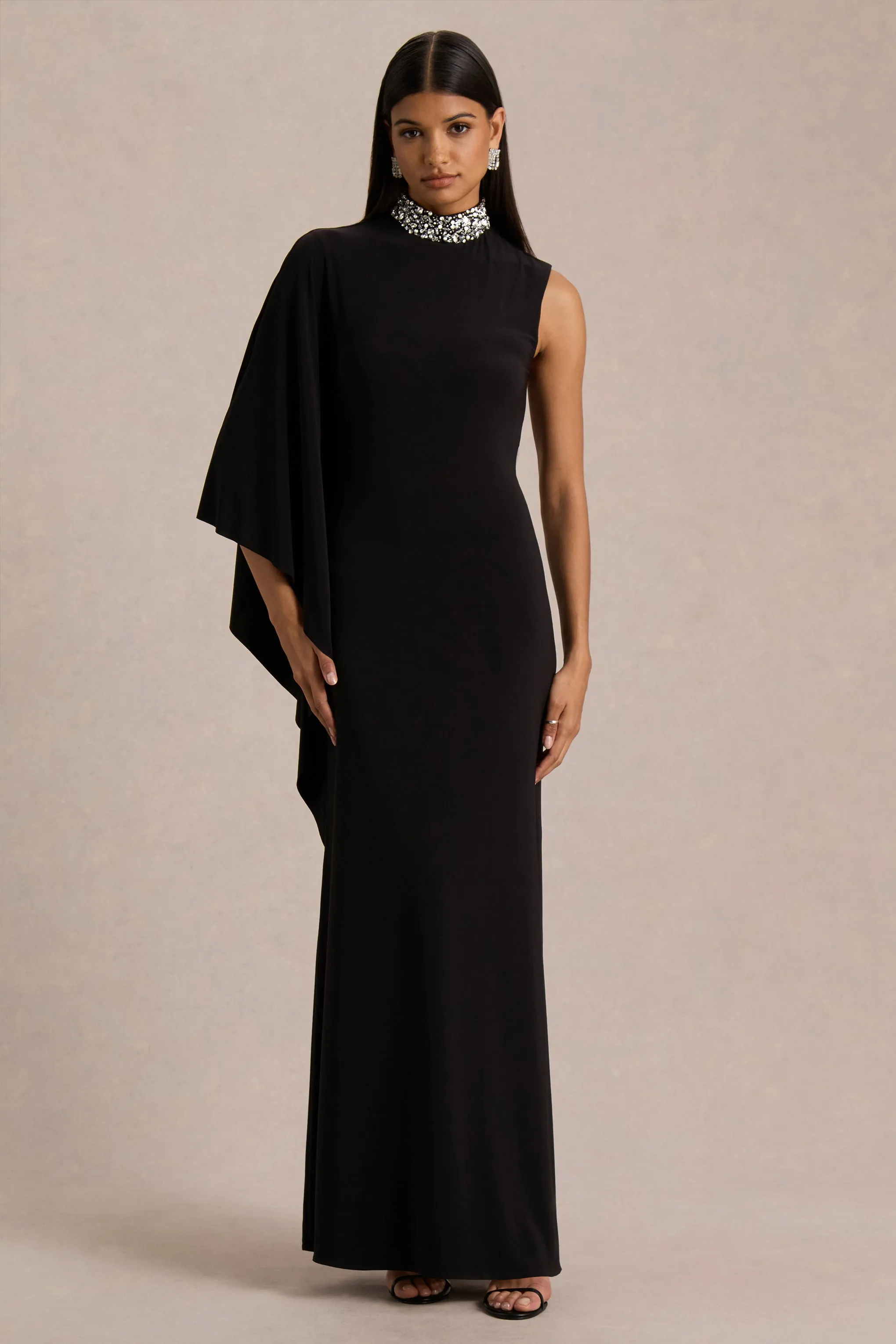 Oriana | Black Embellished High-Neck Maxi Dress With One-Cape Sleeve sold by Club L London