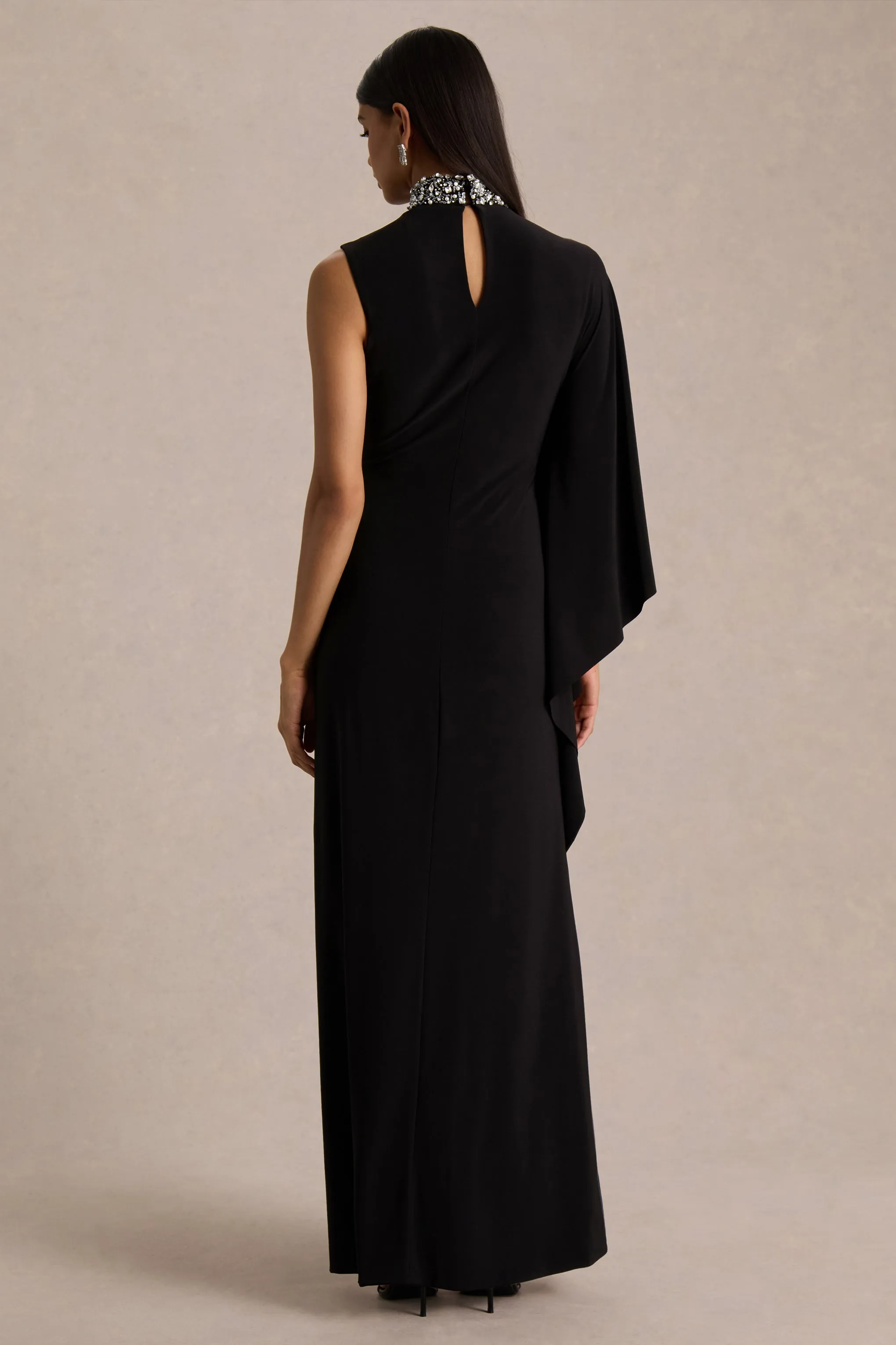 Oriana | Black Embellished High-Neck Maxi Dress With One-Cape Sleeve sold by Club L London product image thumbnail 2