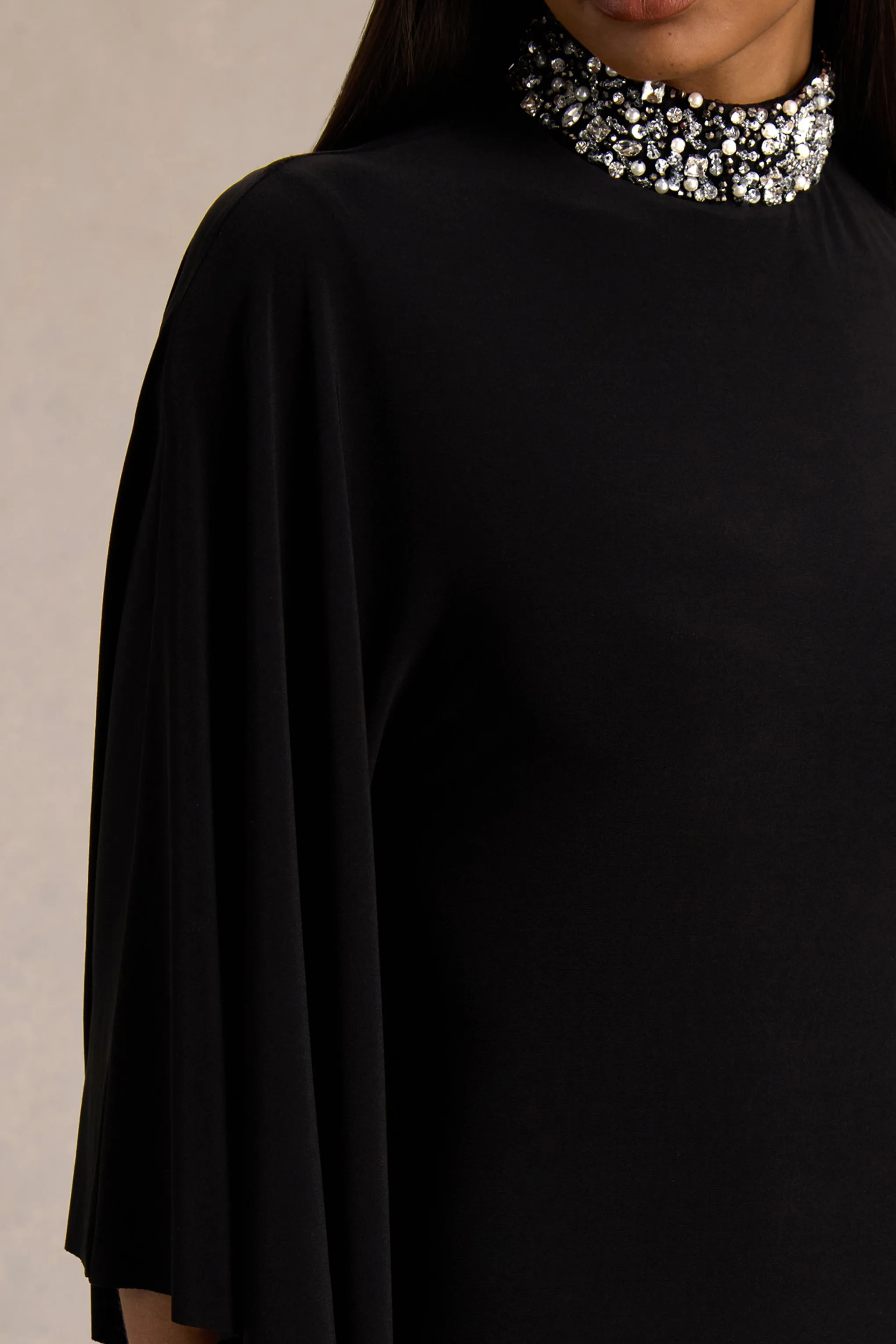 Oriana | Black Embellished High-Neck Maxi Dress With One-Cape Sleeve sold by Club L London product image thumbnail 3