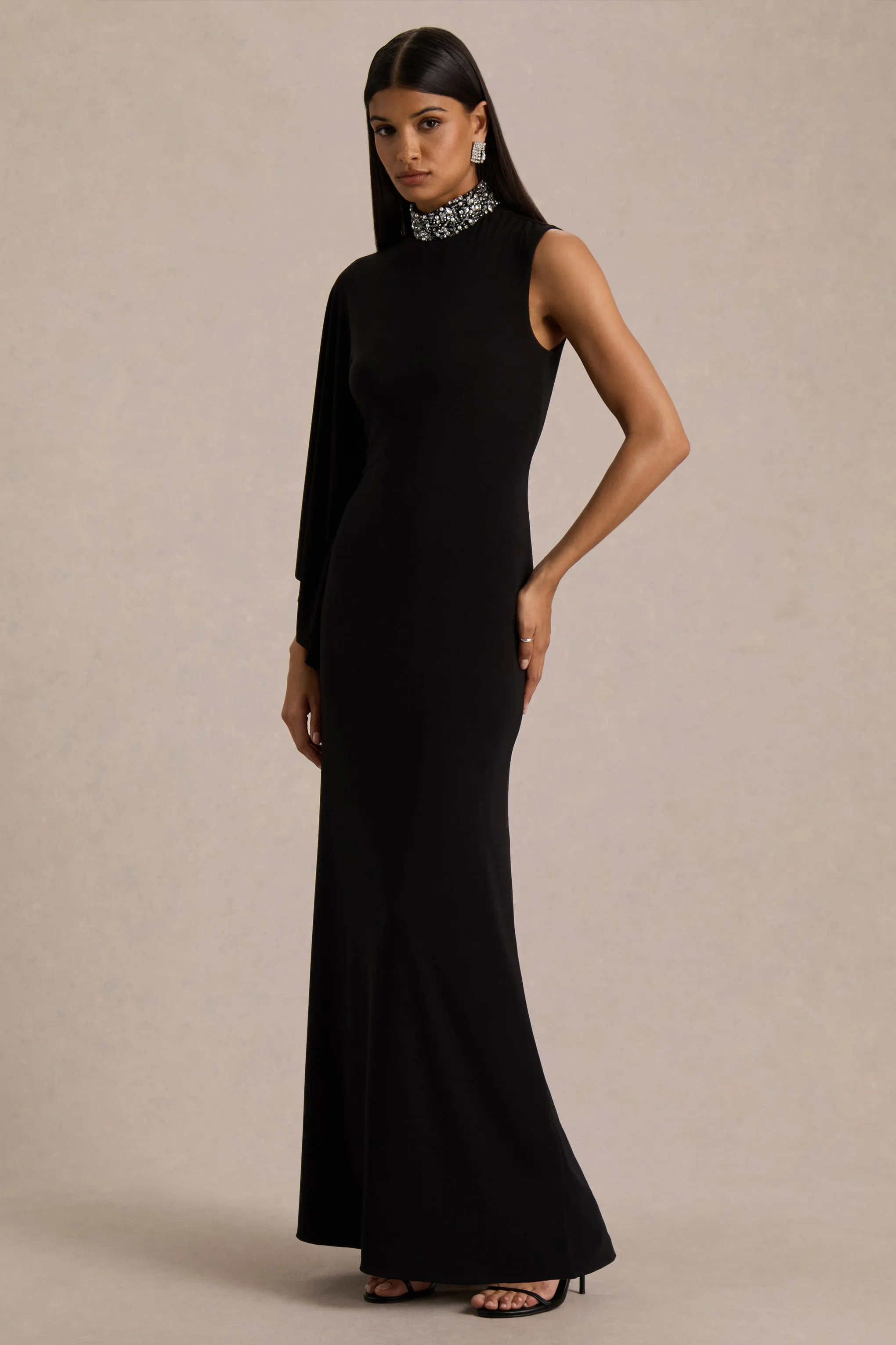 Oriana | Black Embellished High-Neck Maxi Dress With One-Cape Sleeve sold by Club L London product image thumbnail 5