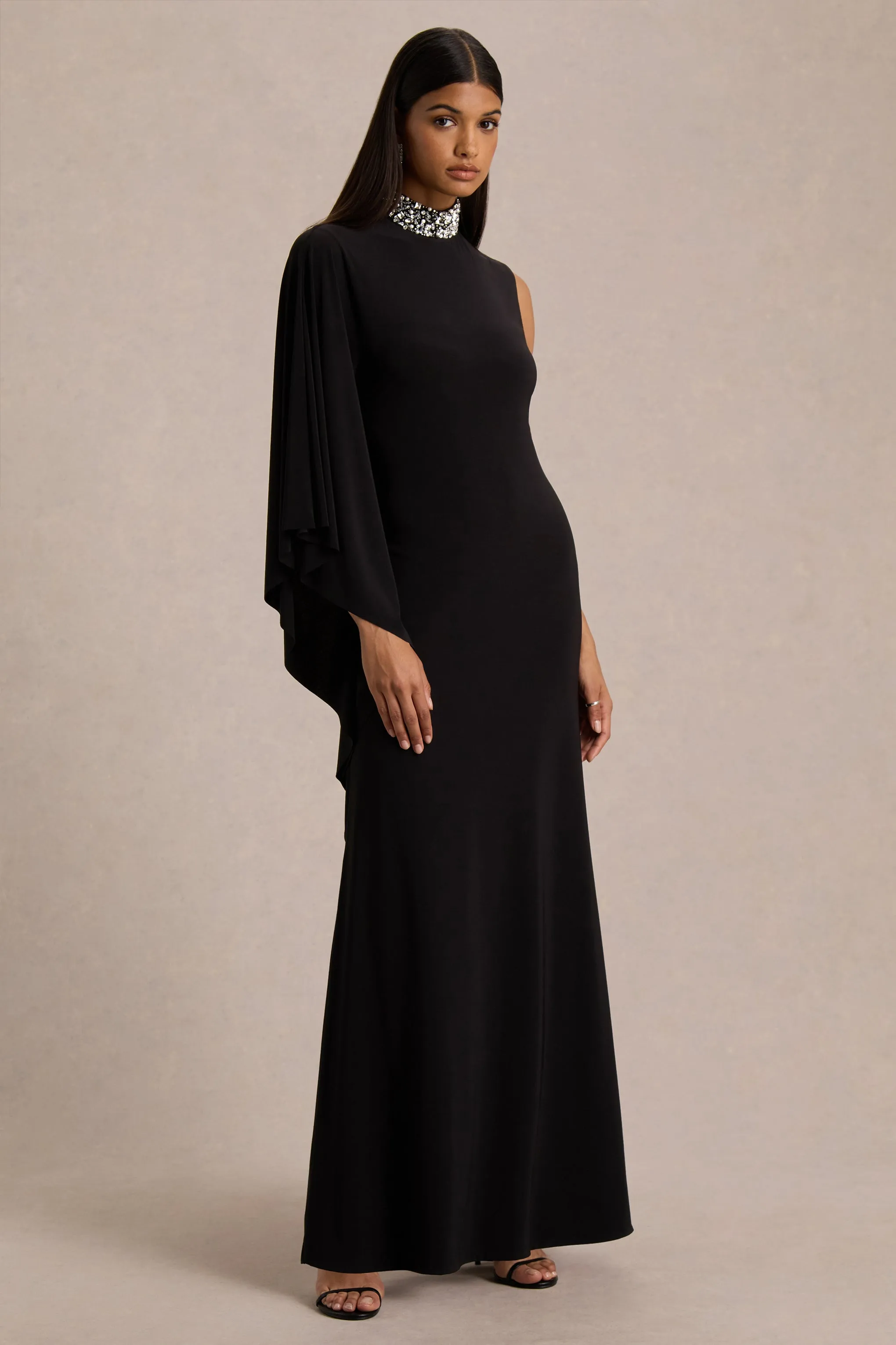 Oriana | Black Embellished High-Neck Maxi Dress With One-Cape Sleeve sold by Club L London product image thumbnail 4