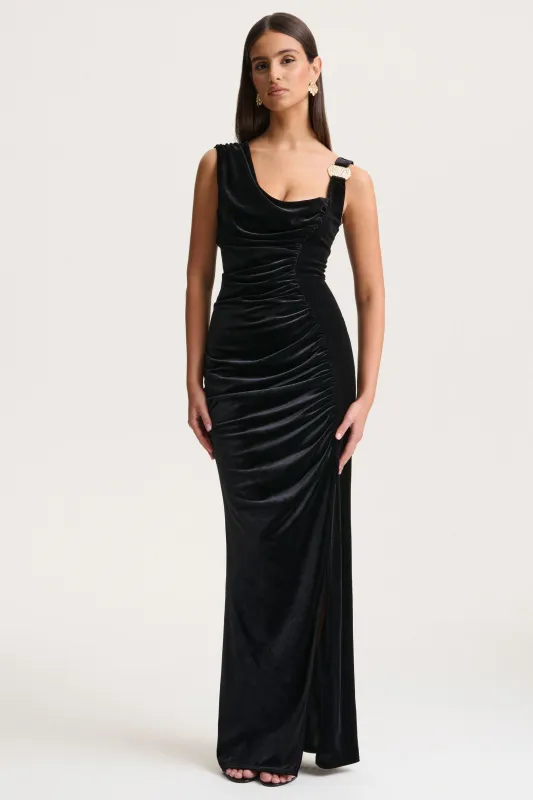 Jovita | Black Velvet Cowl-Neck Maxi Dress With Gathered-Detailing sold by Club L London