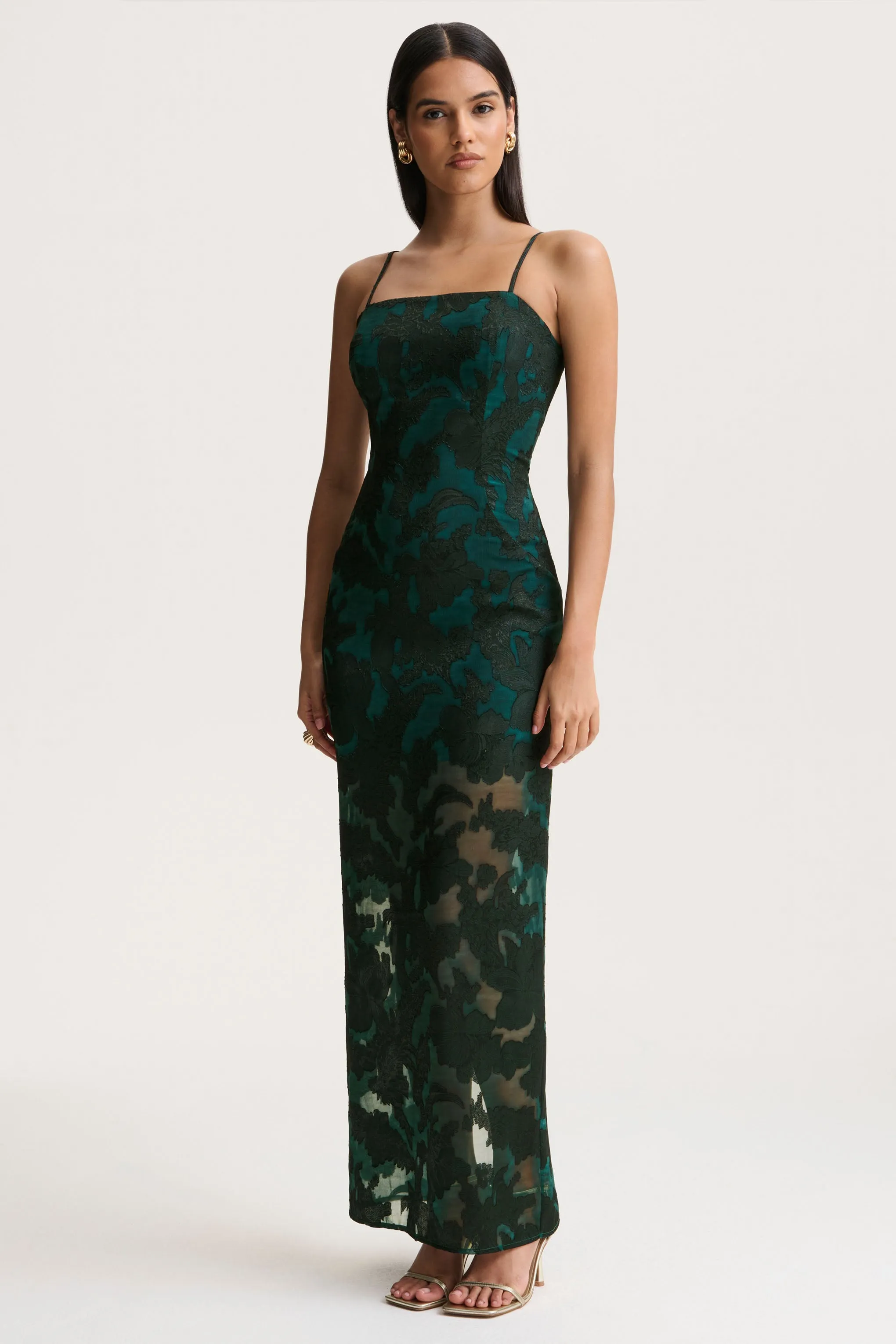 Hada | Dark Green Satin Devore Square-Neck Maxi Dress With Removable Twisted-Cape sold by Club L London product image thumbnail 5