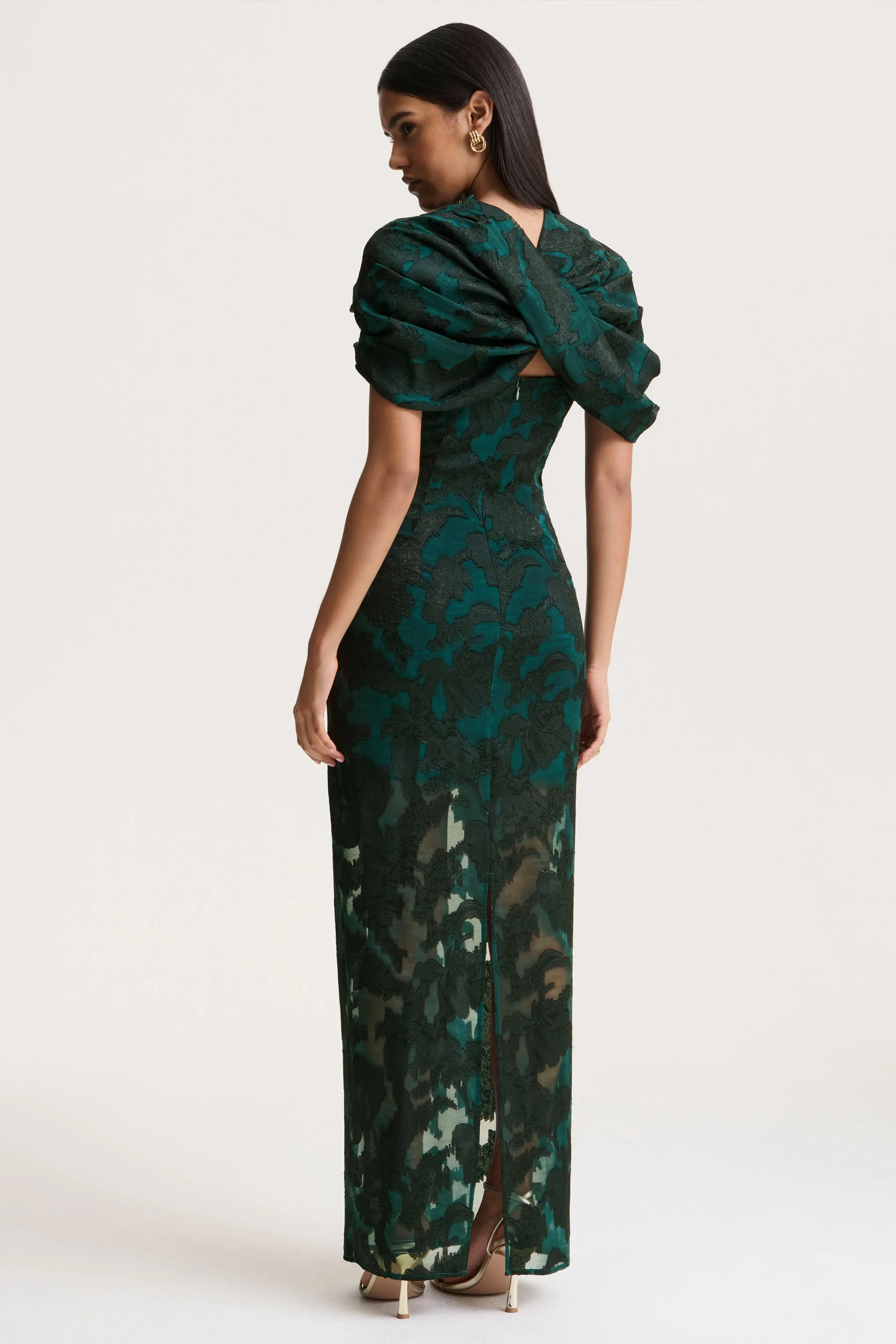 Hada | Dark Green Satin Devore Square-Neck Maxi Dress With Removable Twisted-Cape sold by Club L London product image thumbnail 3