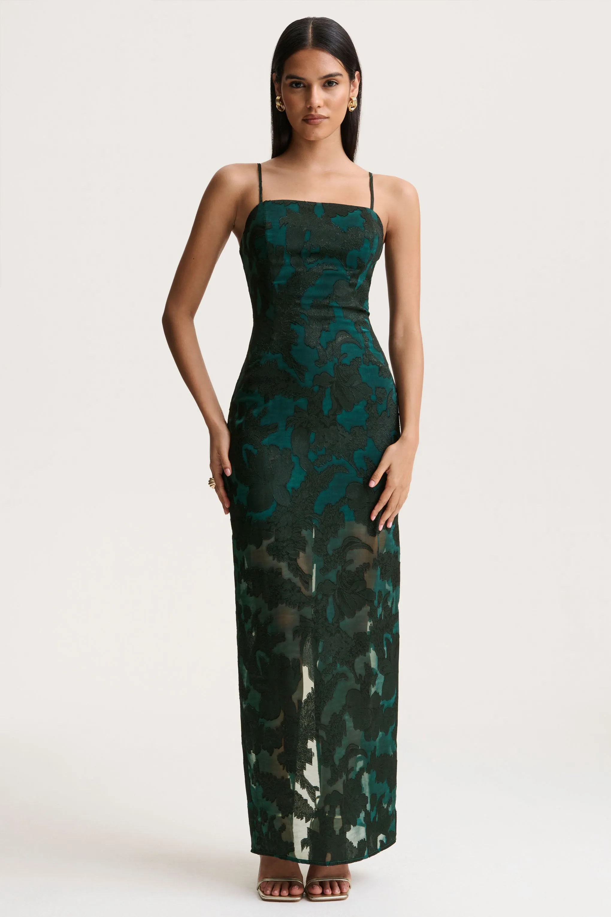Hada | Dark Green Satin Devore Square-Neck Maxi Dress With Removable Twisted-Cape sold by Club L London product image thumbnail 2