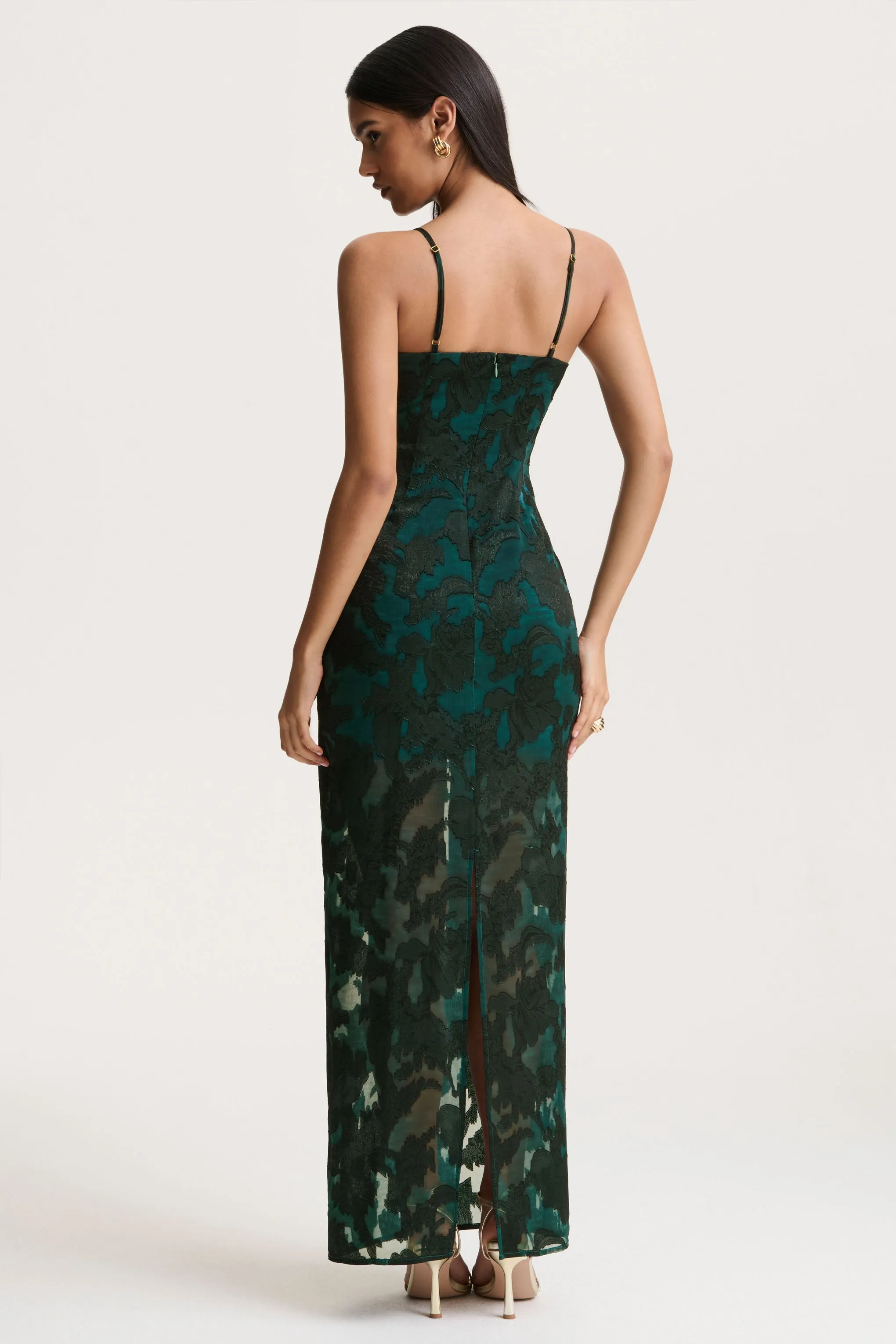 Hada | Dark Green Satin Devore Square-Neck Maxi Dress With Removable Twisted-Cape sold by Club L London product image thumbnail 4