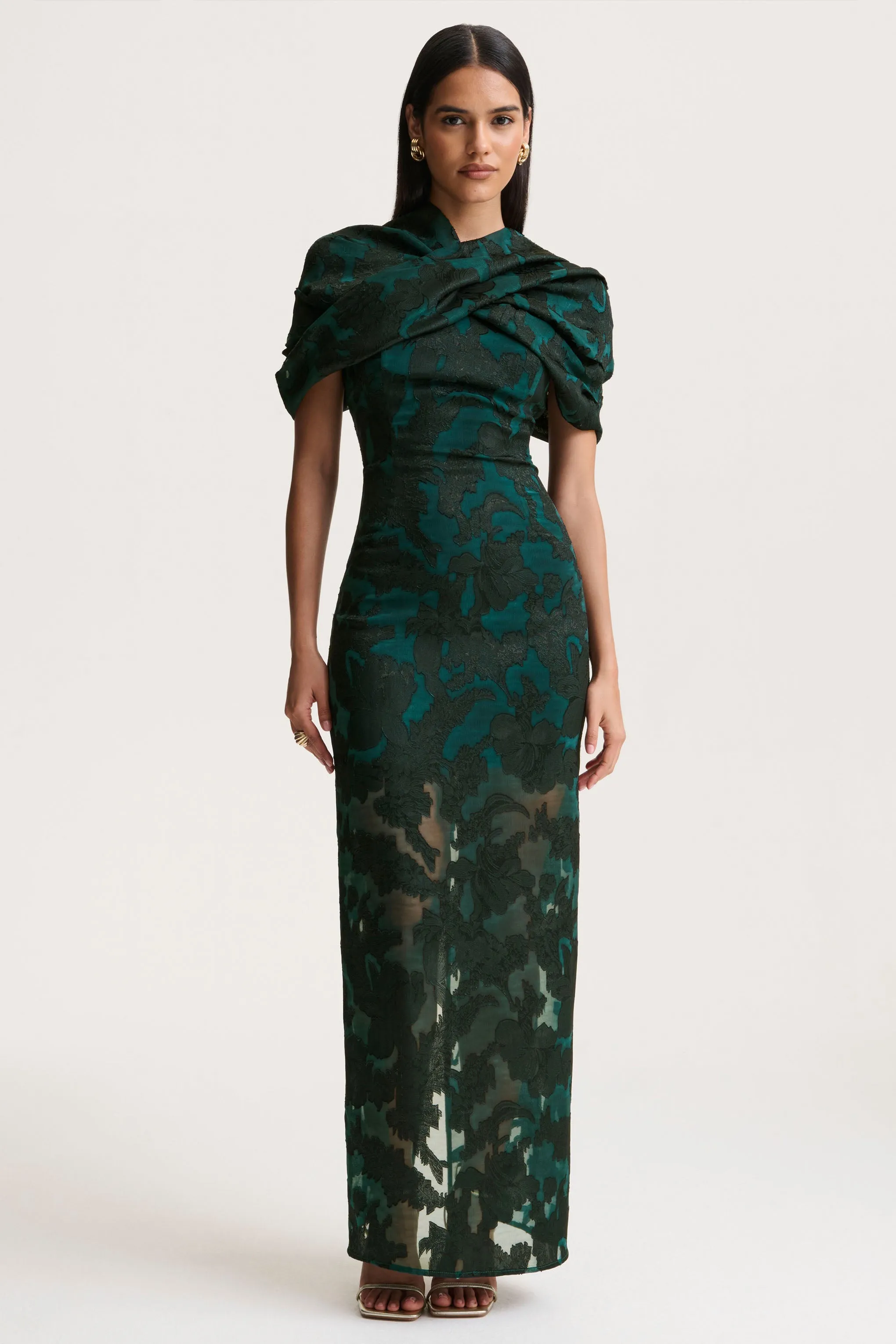 Hada | Dark Green Satin Devore Square-Neck Maxi Dress With Removable Twisted-Cape sold by Club L London