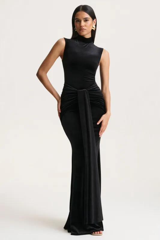 Idalina | Black Velvet High-Neck Maxi Dress With Gathered-Detailing sold by Club L London
