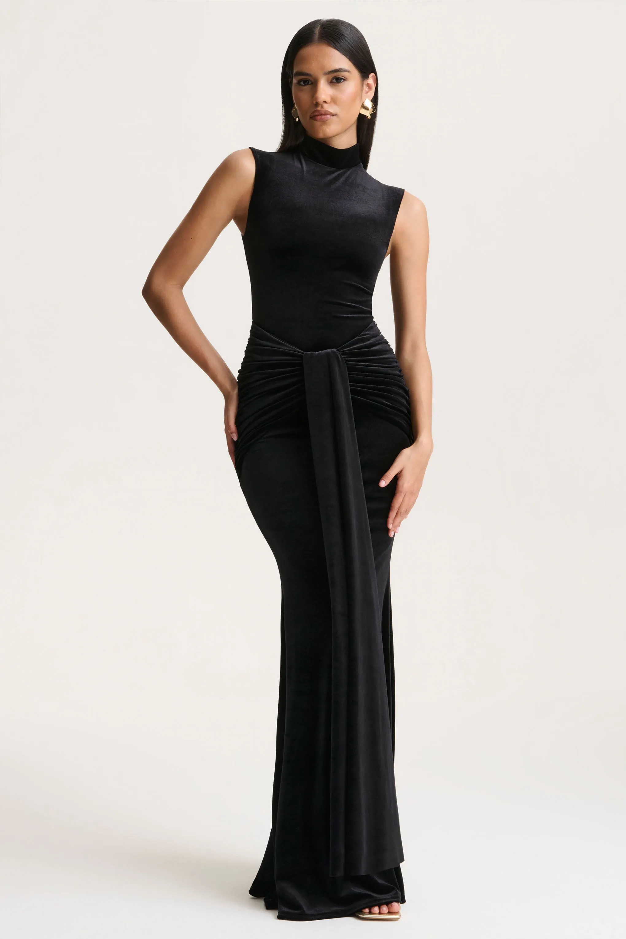 Idalina | Black Velvet High-Neck Maxi Dress With Gathered-Detailing sold by Club L London