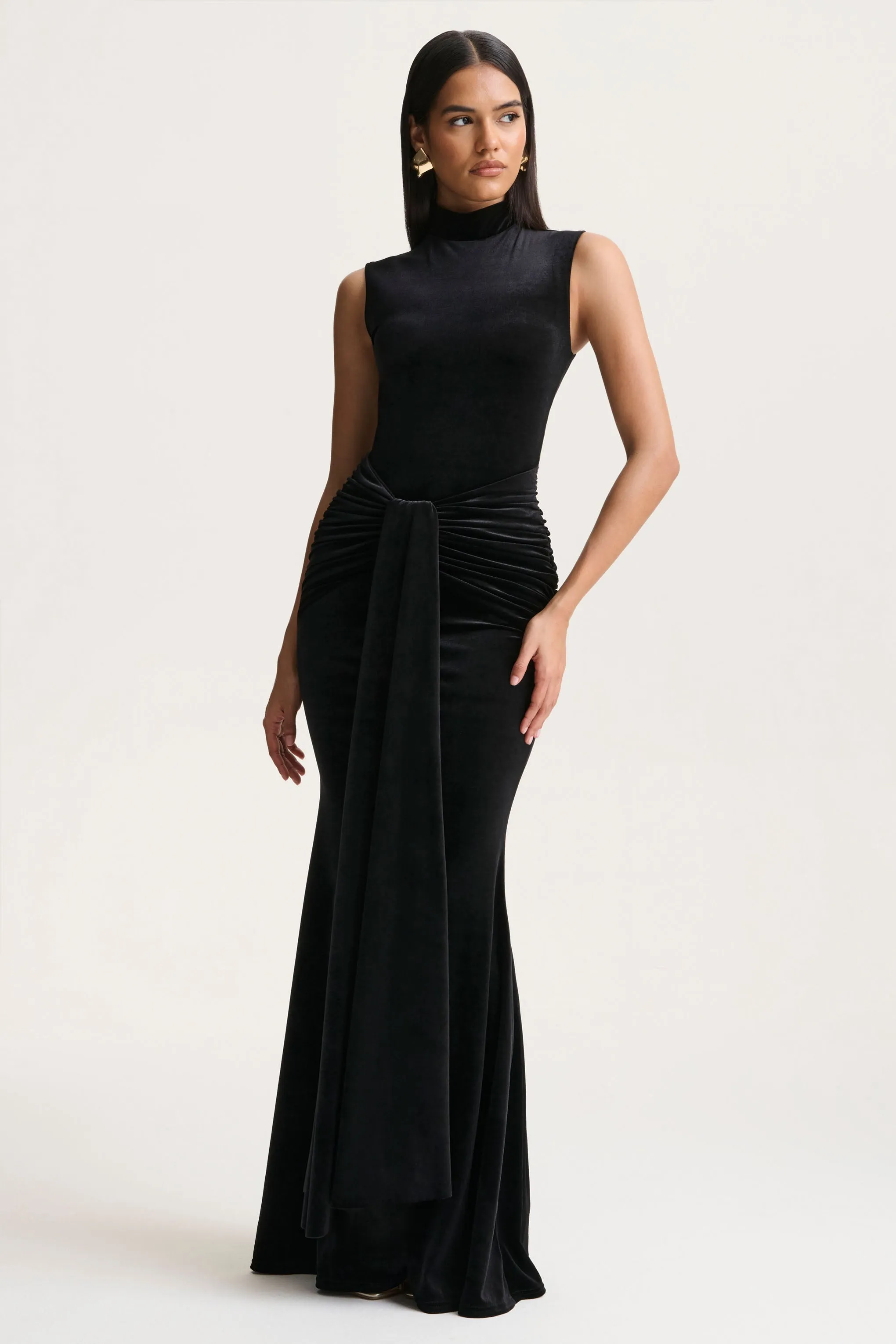 Idalina | Black Velvet High-Neck Maxi Dress With Gathered-Detailing sold by Club L London product image thumbnail 5