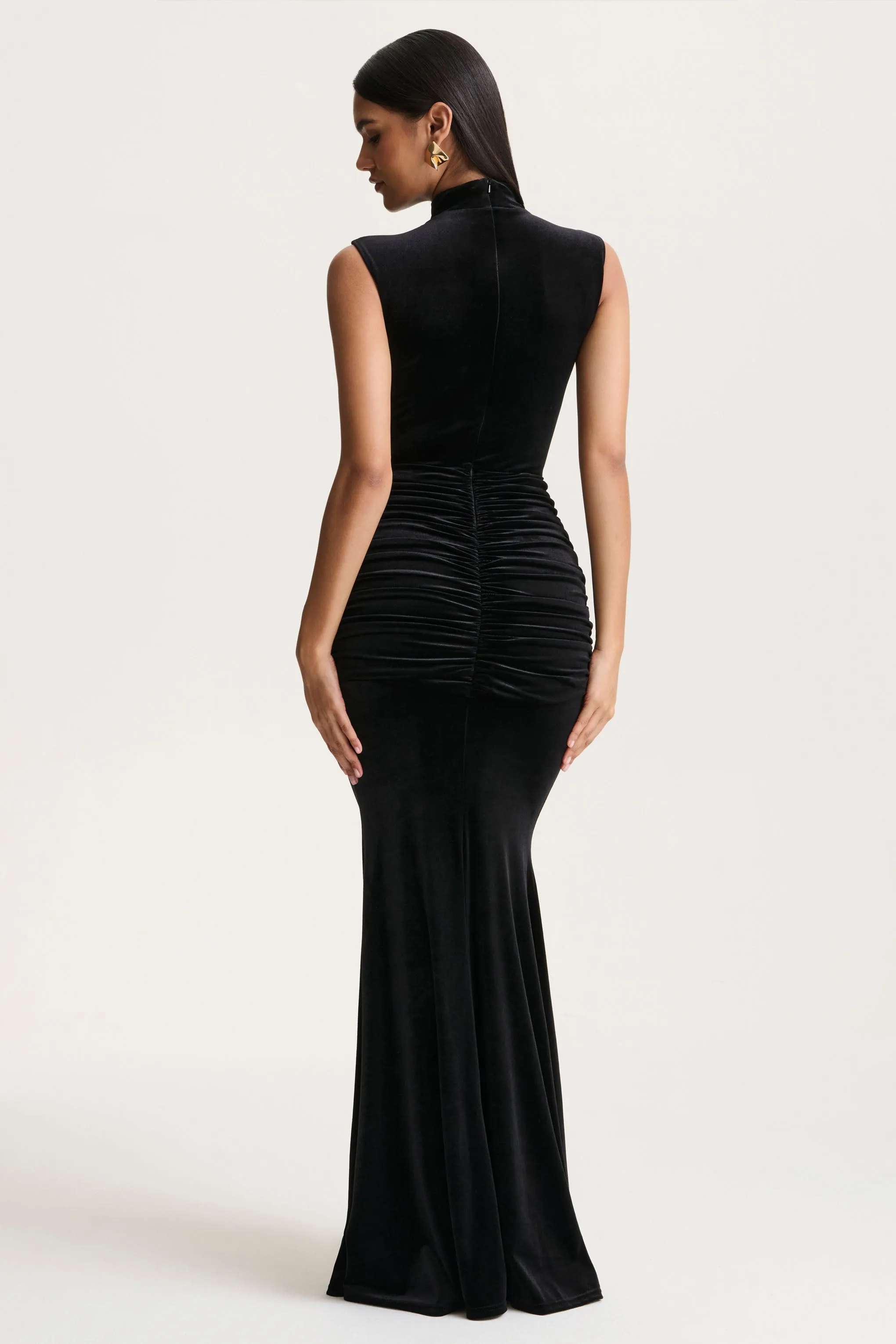 Idalina | Black Velvet High-Neck Maxi Dress With Gathered-Detailing sold by Club L London product image thumbnail 2