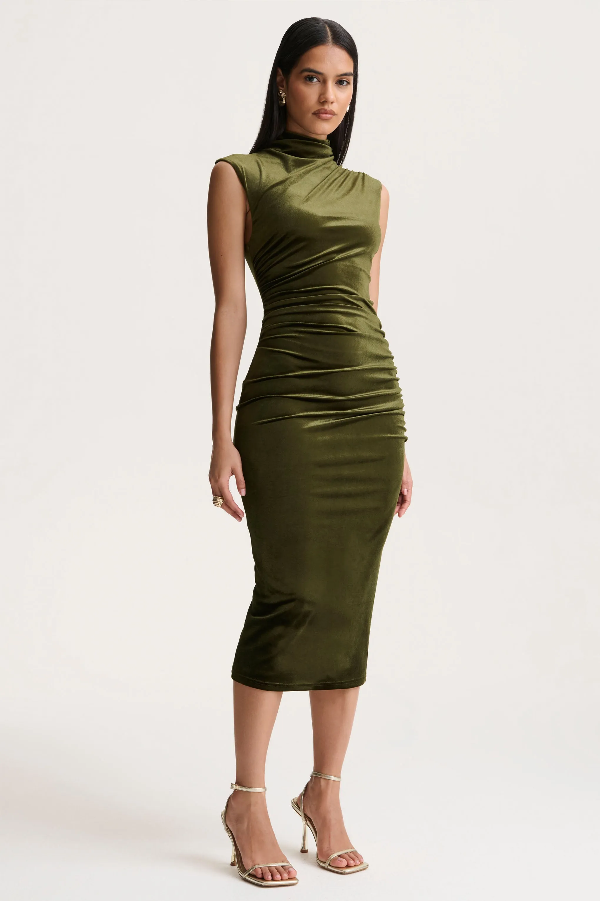 Novine | Olive Velvet High-Neck Midi Dress sold by Club L London product image thumbnail 5