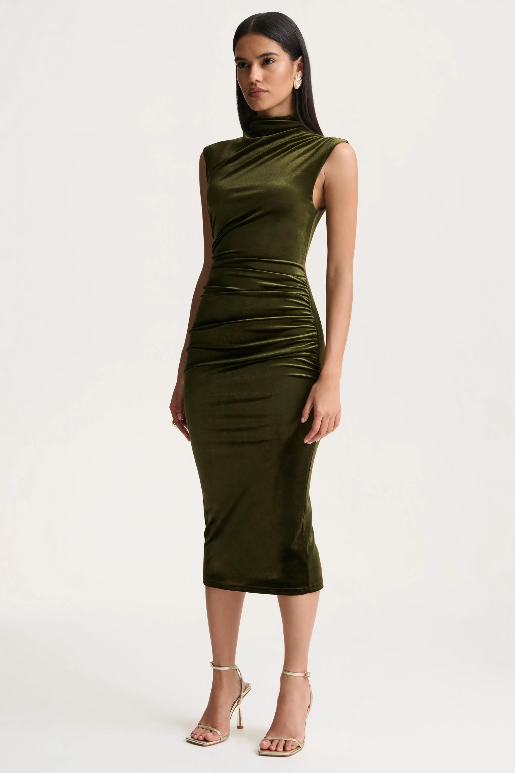 Novine | Olive Velvet High-Neck Midi Dress sold by Club L London product image thumbnail 4