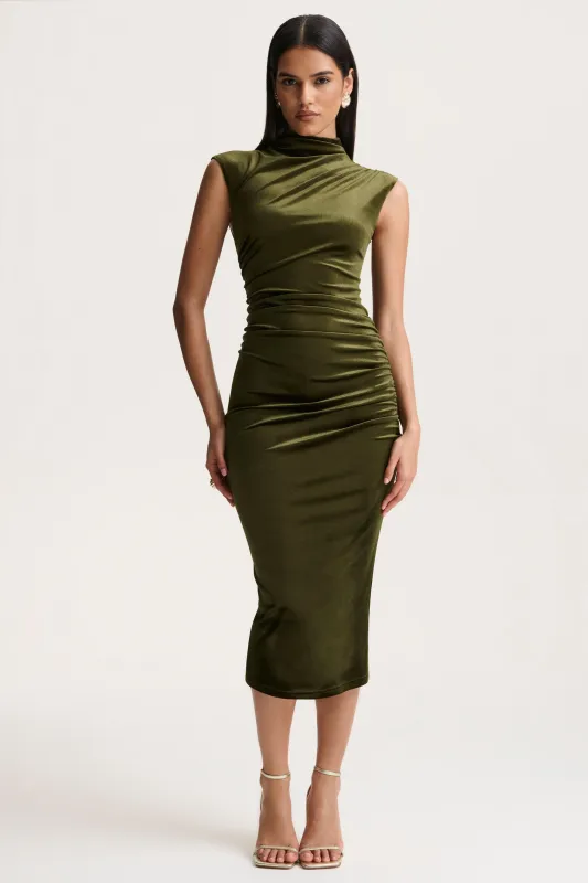 Novine | Olive Velvet High-Neck Midi Dress sold by Club L London