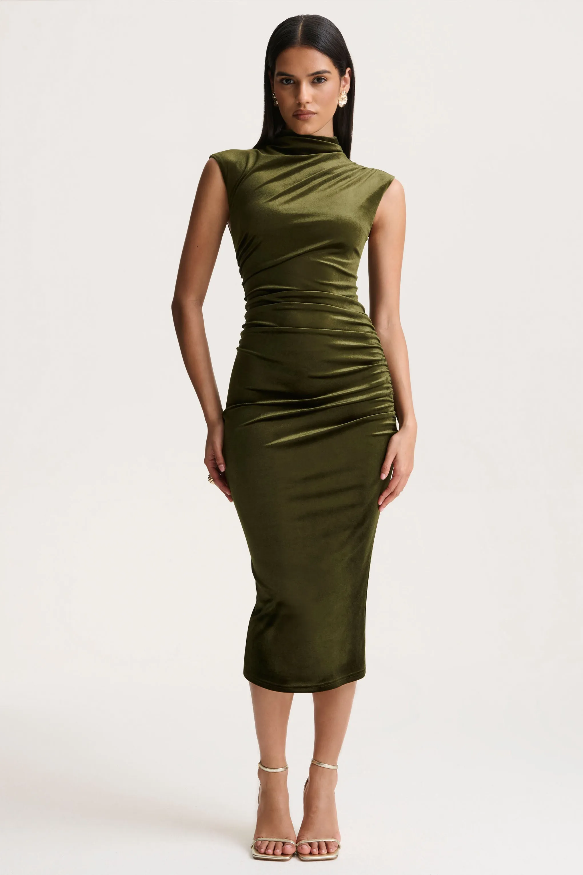 Novine | Olive Velvet High-Neck Midi Dress sold by Club L London