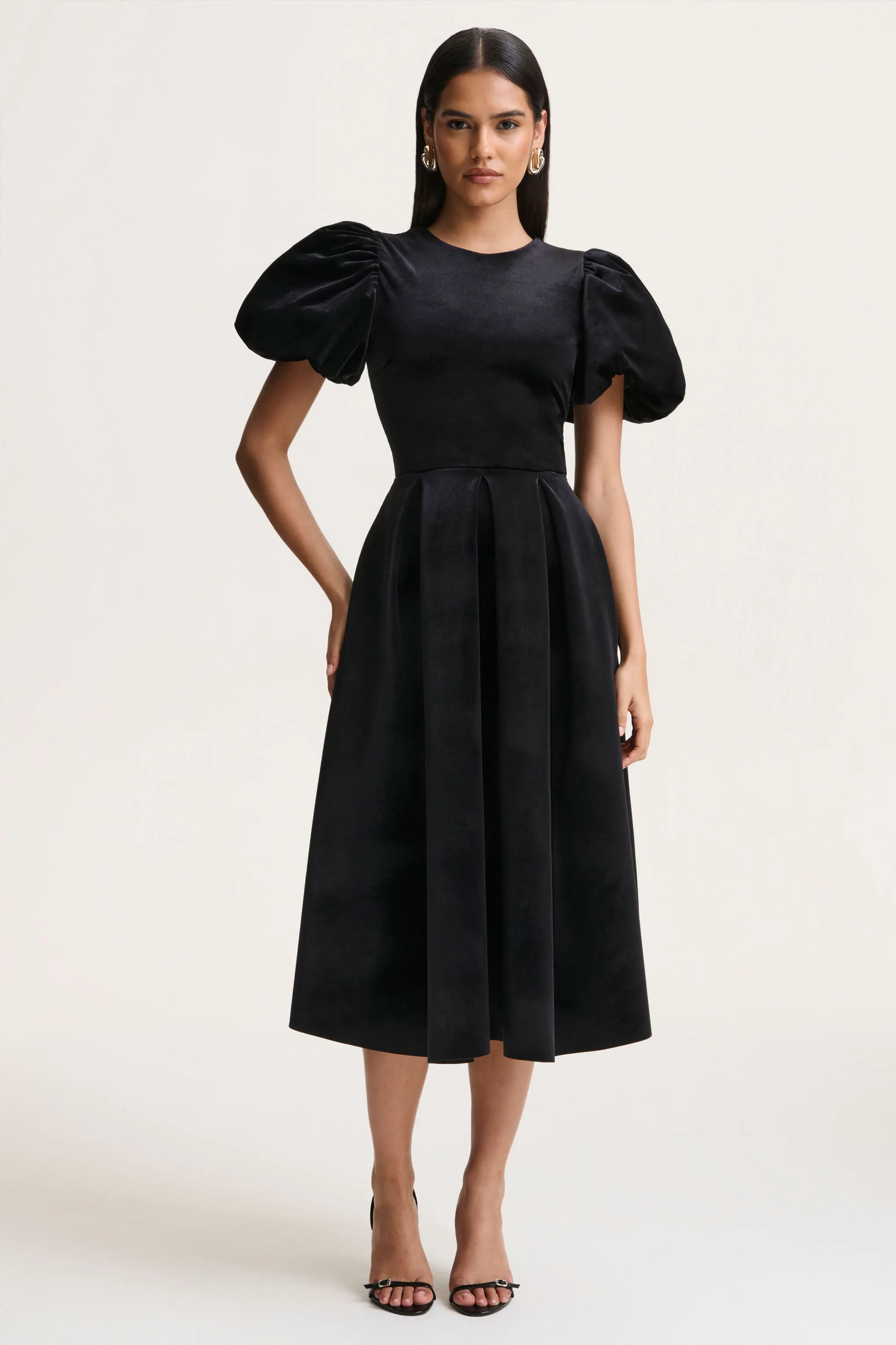 Seraphic | Black Velvet Puff-Sleeve Midi Dress sold by Club L London