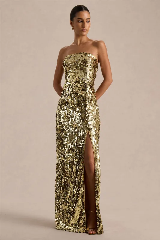 Nerea | Gold Sequin Bandeau Maxi Dress With Front High-Split made by Club L London