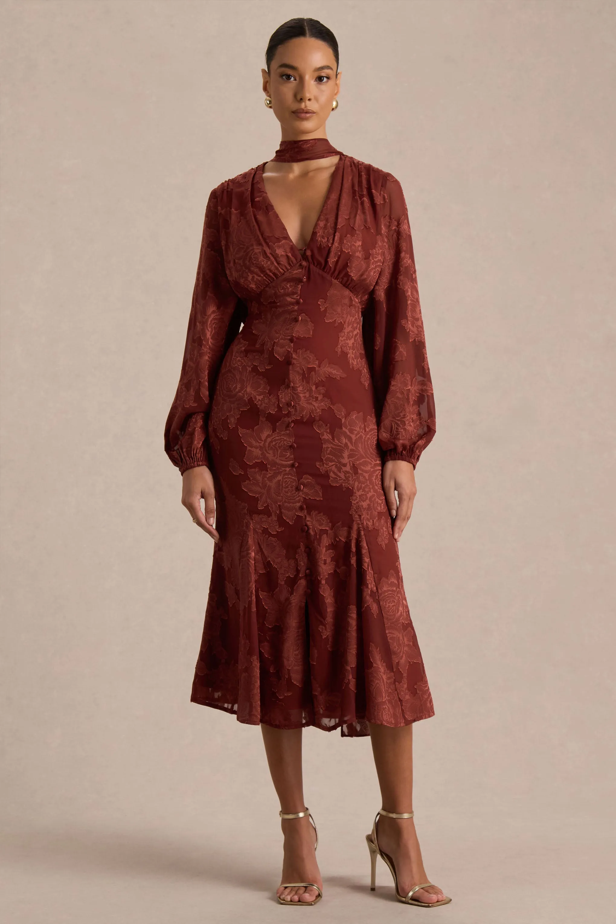 Sabina | Rust Devore Plunge-Neck Midi Dress sold by Club L London product image thumbnail 3