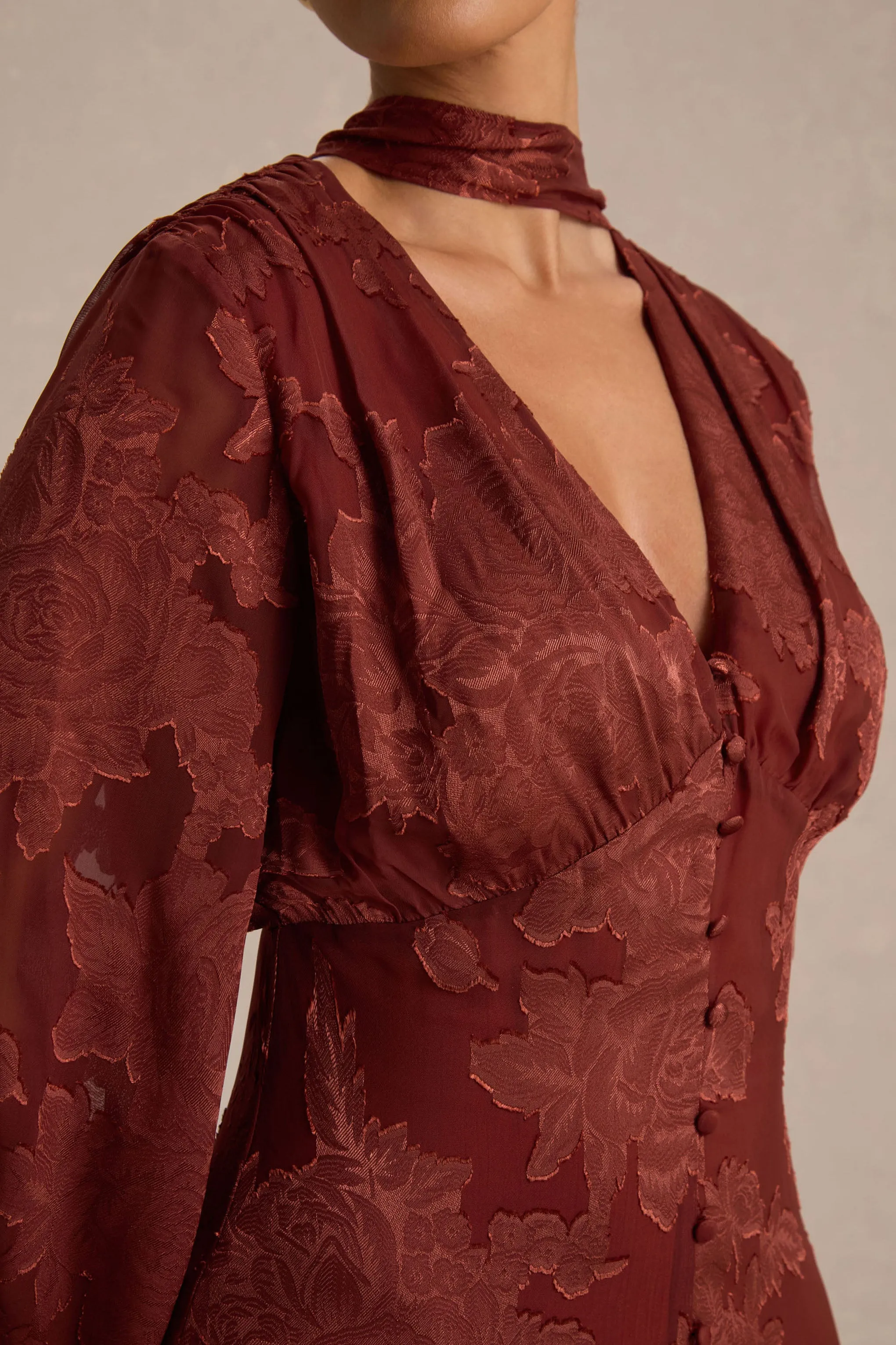 Sabina | Rust Devore Plunge-Neck Midi Dress sold by Club L London product image thumbnail 4